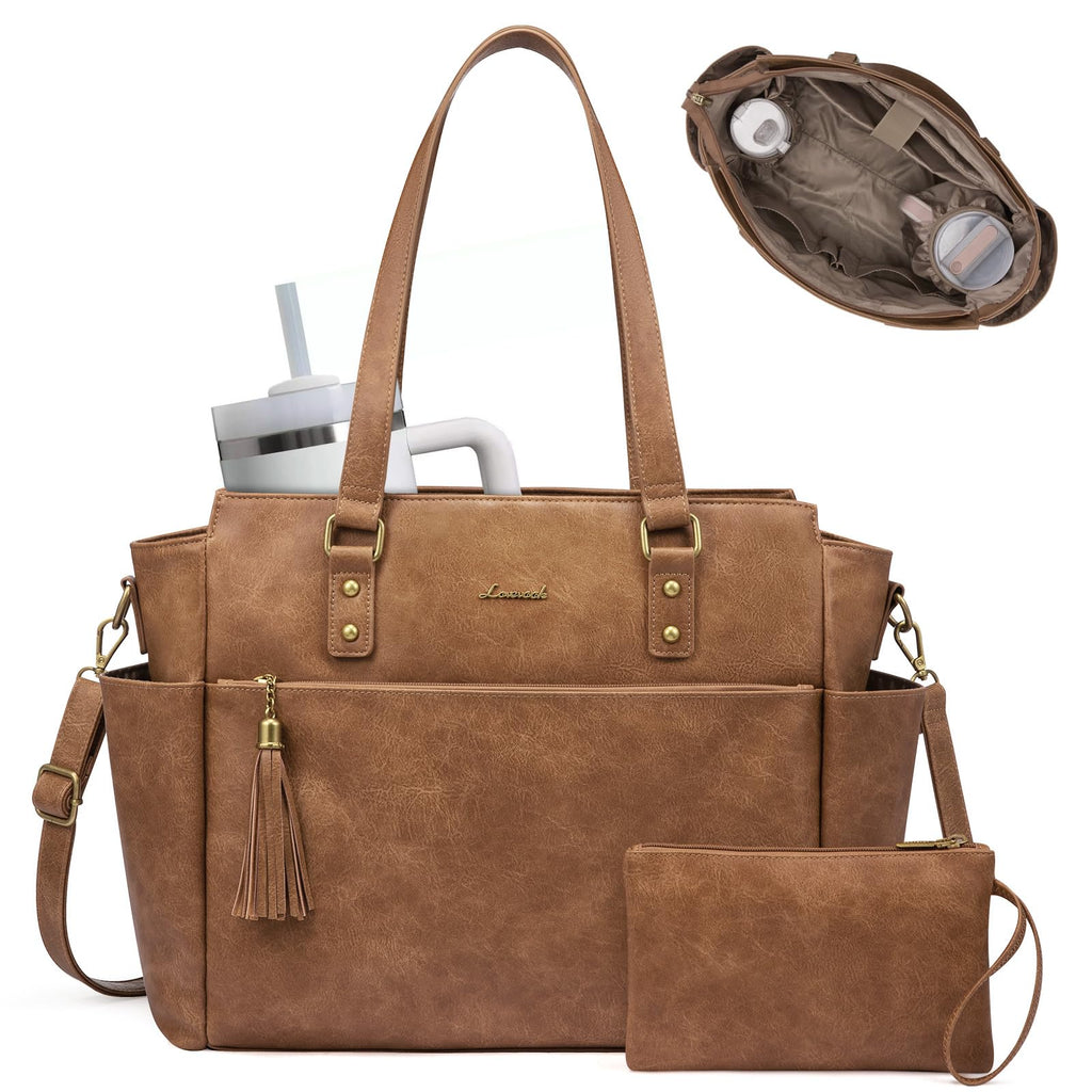 LOVEVOOK Laptop Tote Bag for Women 15.6 Inch Vintage Work Bag with Large Cup Holder, Waterproof Computer Teacher Bag