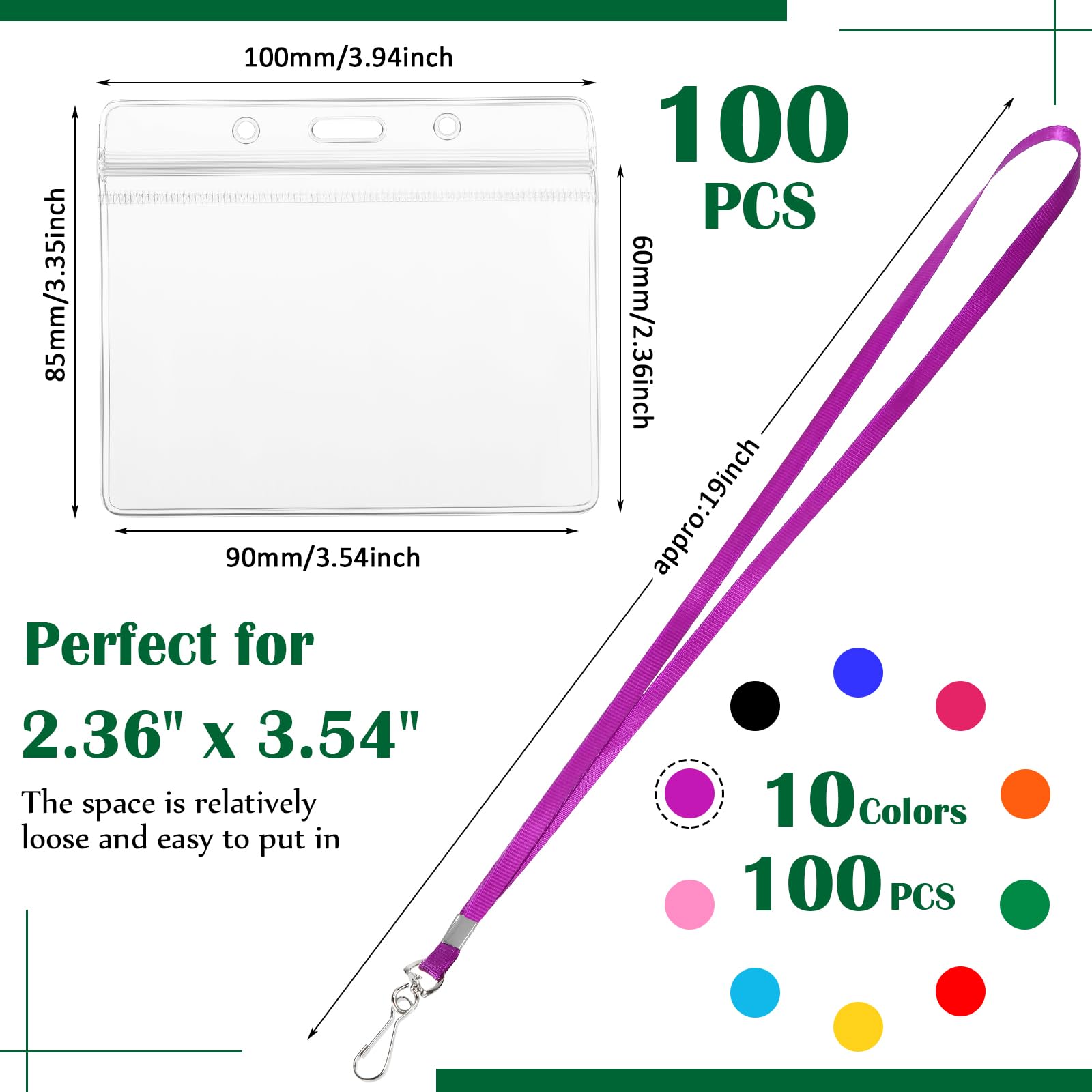 Honoson 100 Sets Name Tag Lanyards Bulk with ID Badge Holder Clear Plastic Horizontal Cruise Necklace Lanyard for Adults Business School Keys (Multicolor)
