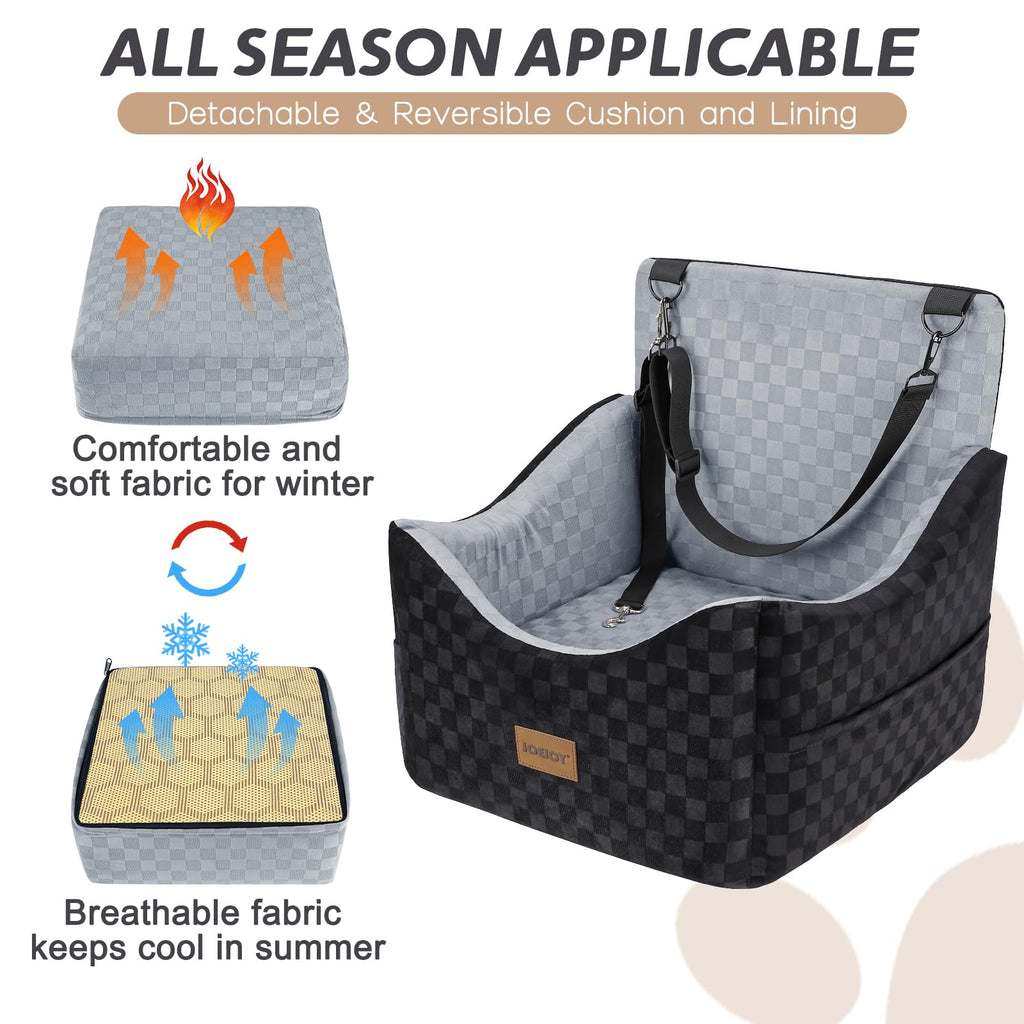 JOEJOY Elevated Dog Car Seat for Small/Medium Dogs up to 35 lbs, Memory Foam Booster Seat with Detachable Washable Cover, Travel-Safe Car Bed with Safety Belts & Storage Pockets, Grey