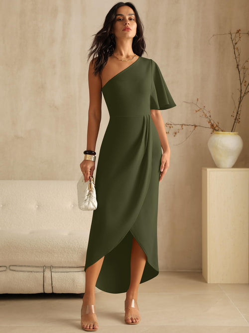 ANRABESS Womens One Shoulder Formal Midi Dresses 2026 Summer Wrap High Slit Beach Wedding Guest Party Cocktail Maxi Dress Army Green Small