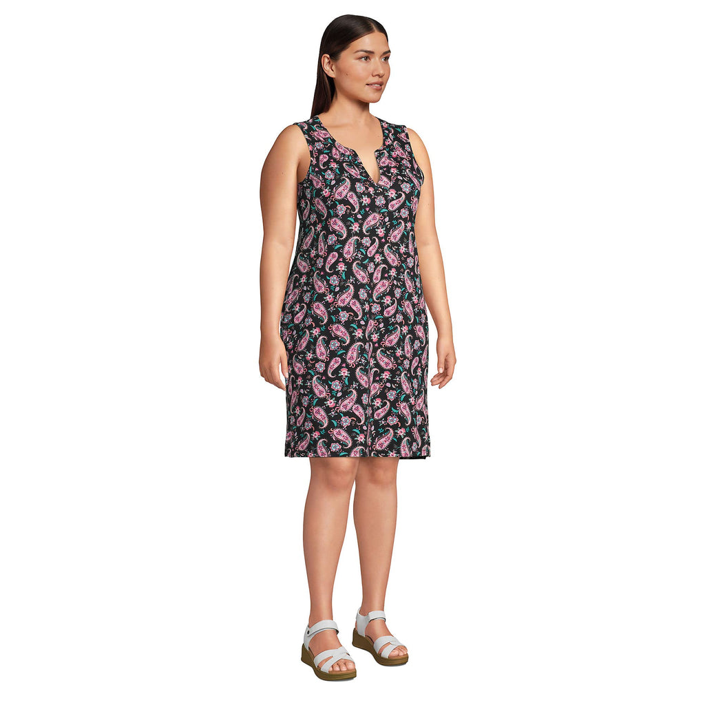 Lands' End Womens Cotton Jersey Sleeveless Cover-up Dress Colorblock Black Multi Paisley Floral Regular X-Small
