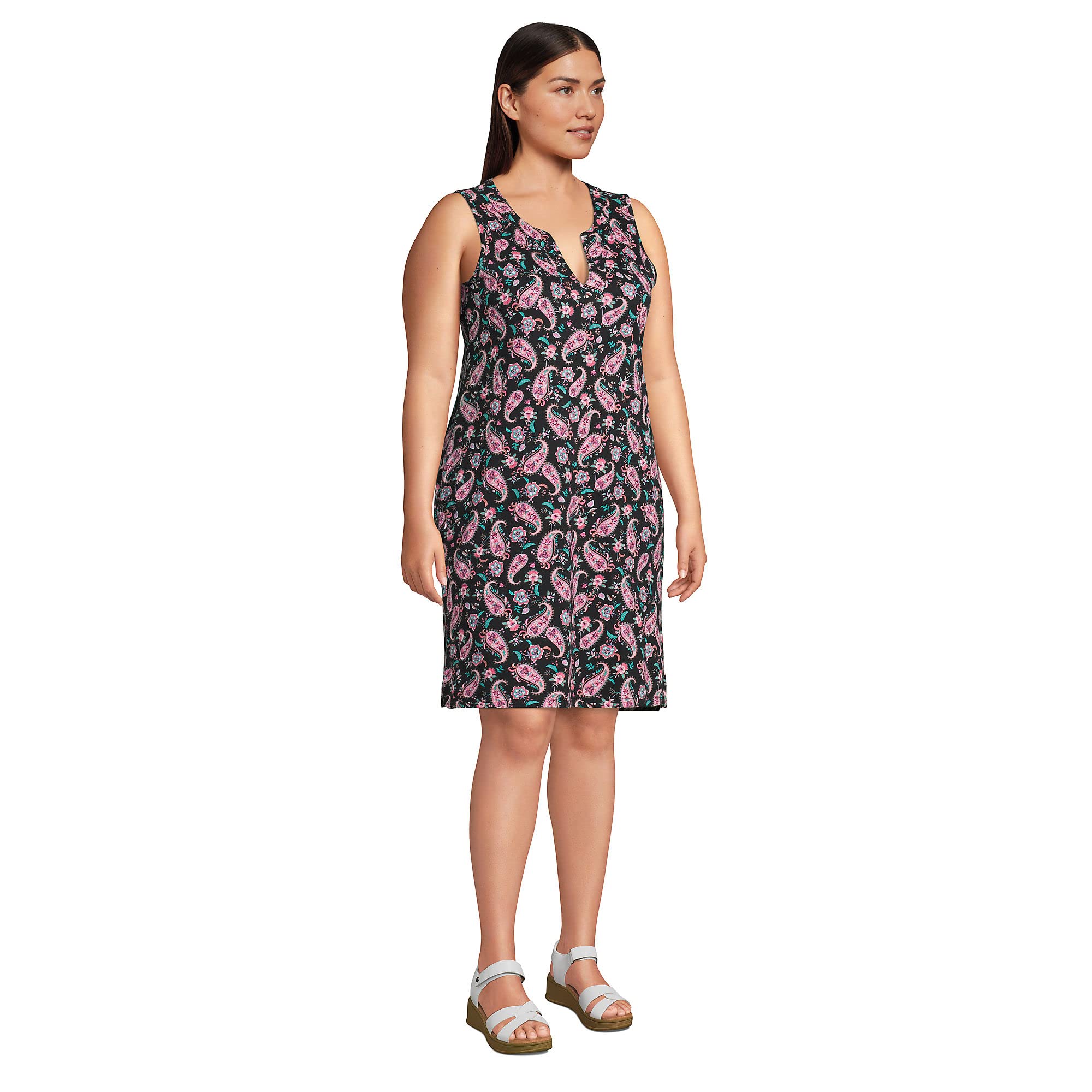 Lands' End Womens Cotton Jersey Sleeveless Cover-up Dress Colorblock Black Multi Paisley Floral Regular X-Small