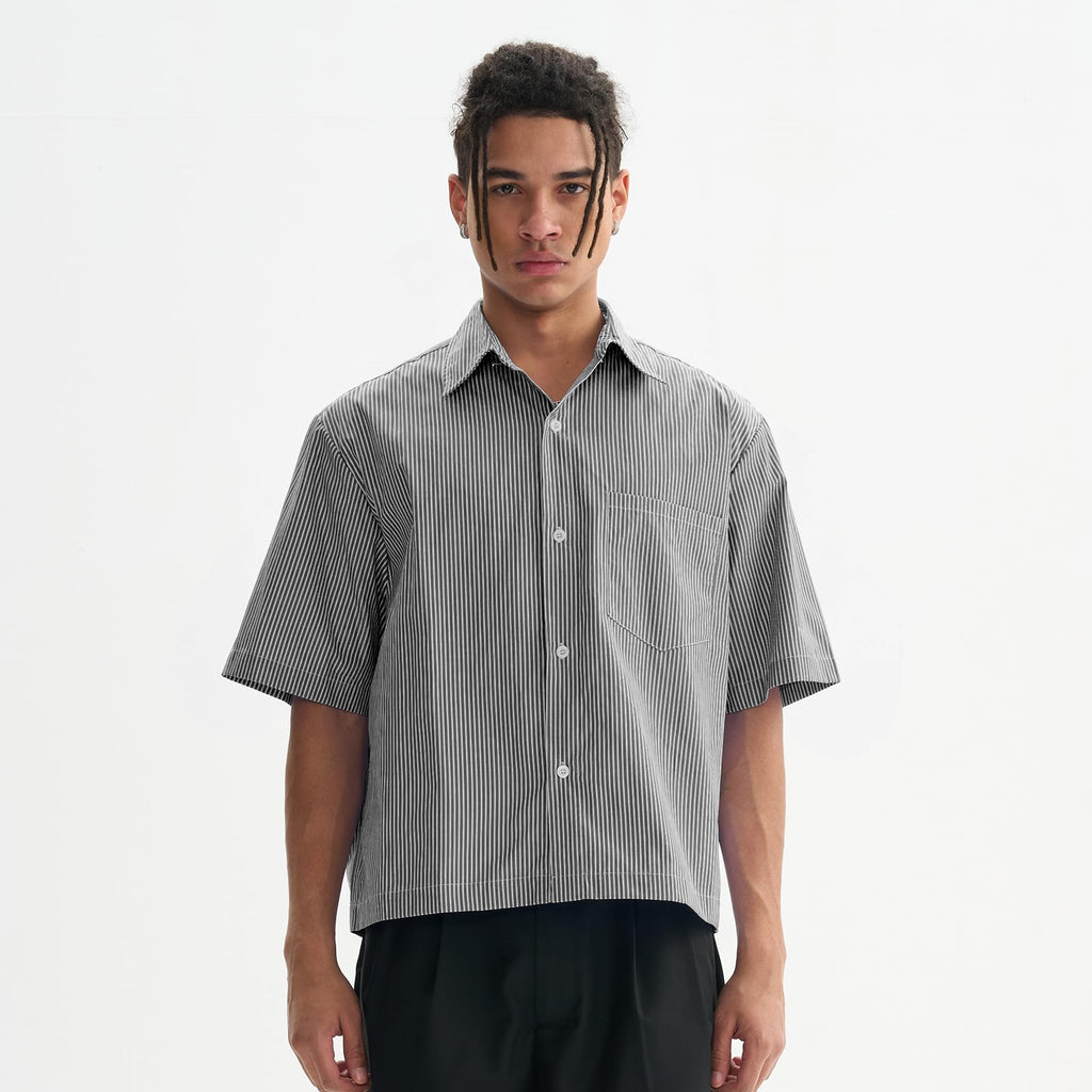 QJT Men's Striped Boxy Cropped Shirts Short Sleeve Button Down Tee Shirt Oversized Baggy Blue T Shirts For Men (US, Alpha, Large, Regular, Regular, Black)