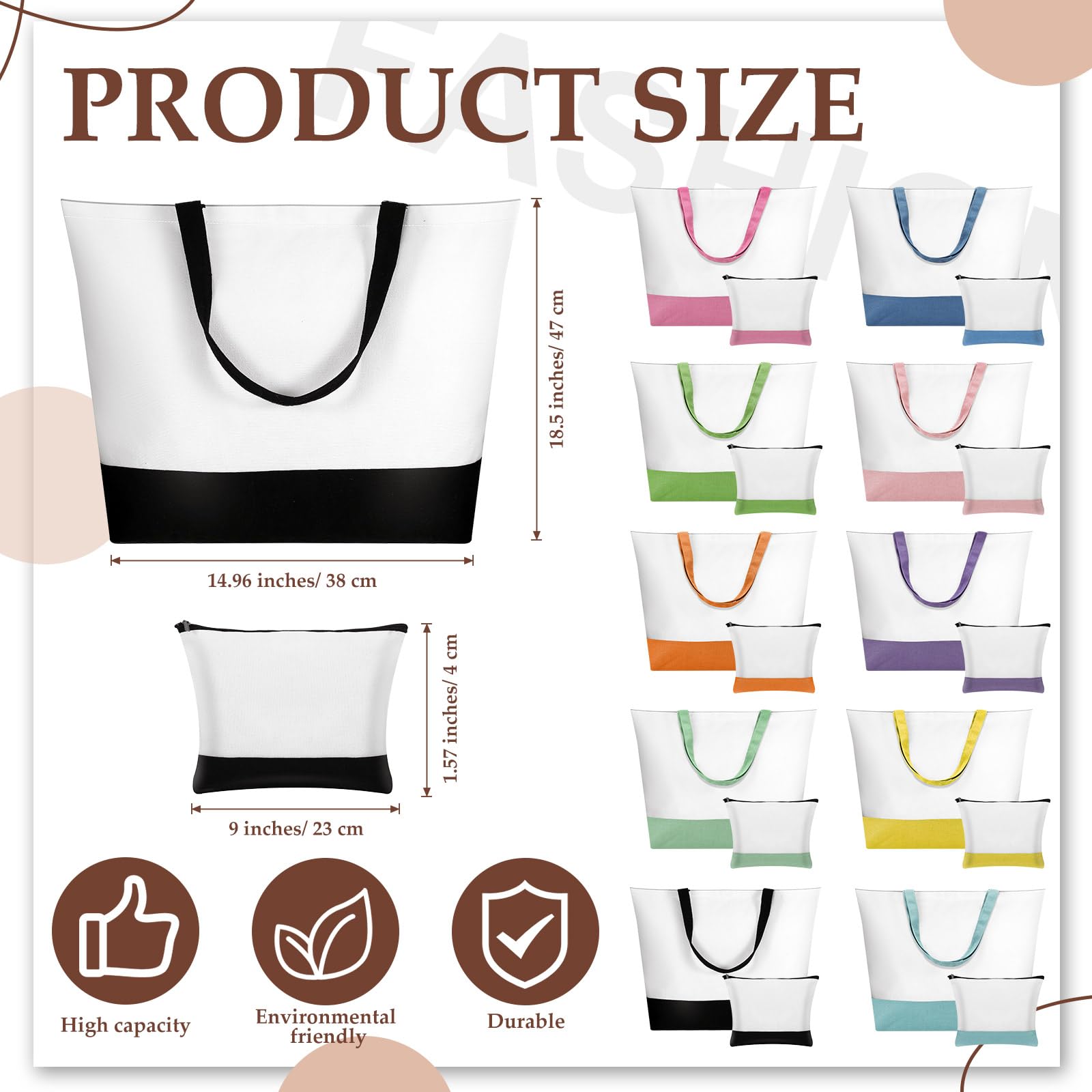 Sanwuta 20 Pcs Large Blank Canvas Tote Bags and Makeup Bags Blank Reusable Grocery Luggage Canvas Tote with Handles (Airy Pastel Pack)