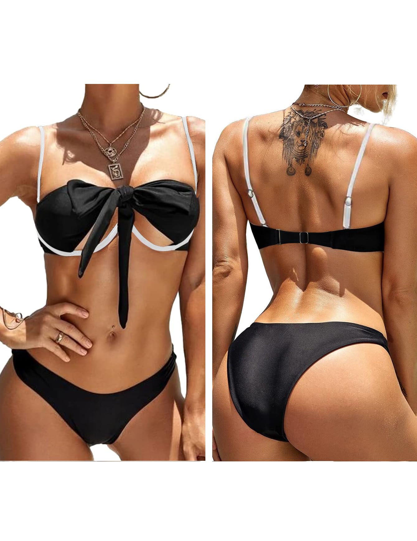 Lilosy Sexy Cute Underwire Push Up Cutout Halter Criss Cross High Cut Leg Thong Brazilian Bikini Swimsuit Set Women Cheeky Bottom Bathing Suit 2 Two Piece Black White 2# Medium