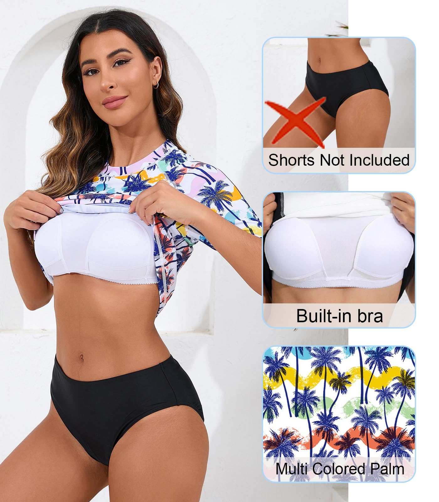 Halcurt Women's Short Sleeve Rash Guard Swimsuit Top with Built in Bra Swim Shirt UPF50+ Quick Dry Bathing Suit Multi Colored Palm L