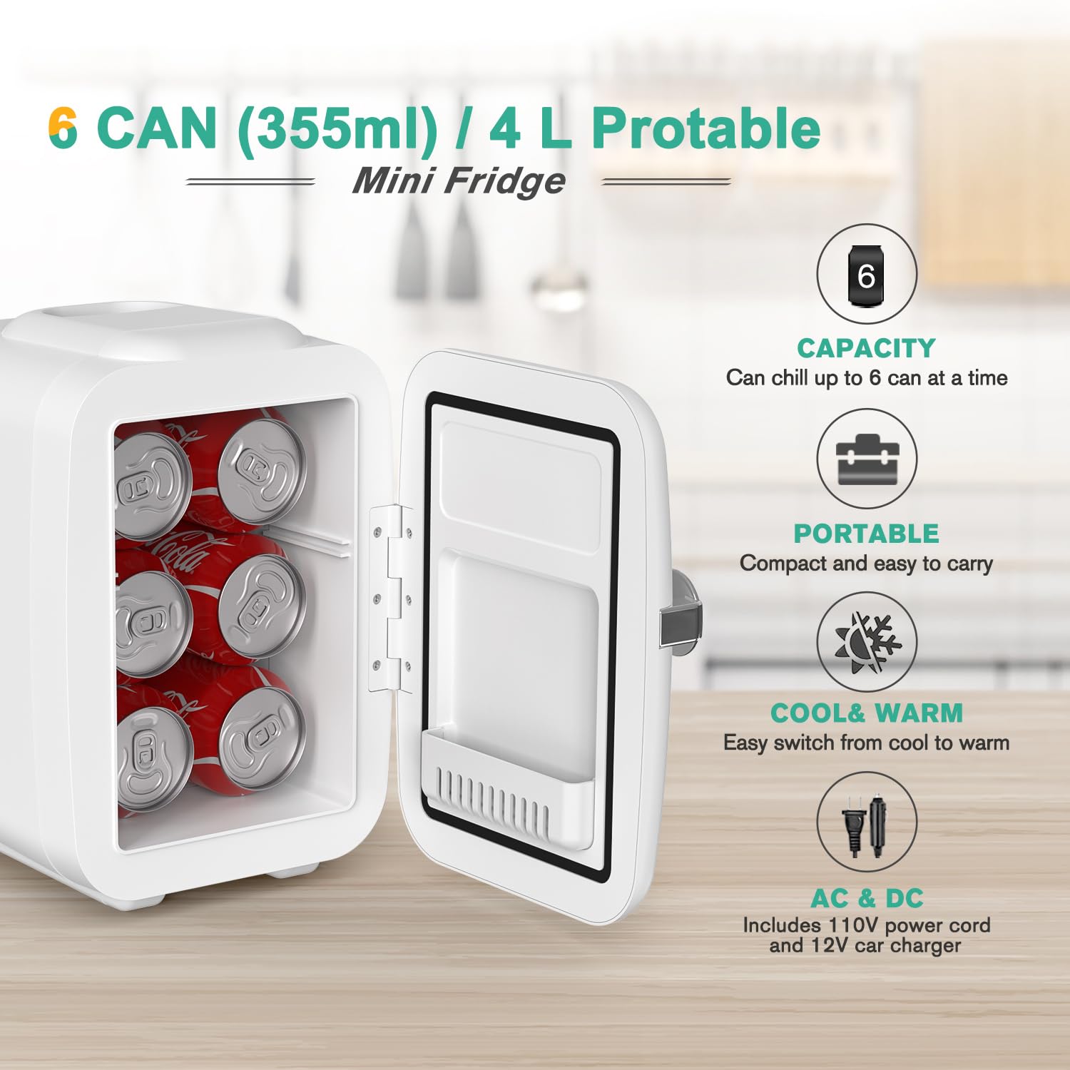 CROWNFUL Mini Fridge, 4 Liter/6 Can Portable Cooler and Warmer Personal Refrigerator for Skin Care, Cosmetics, Beverage, Food,Great for Bedroom, Office, Car, Dorm, ETL Listed (White)