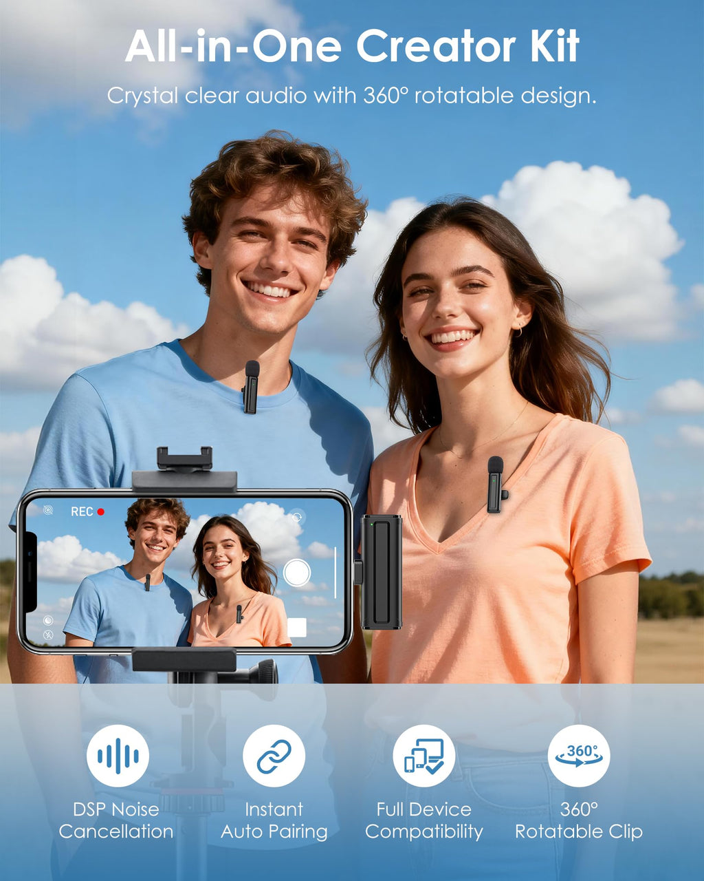 Wireless Mini Microphone for iPhone, iPad, Android, 2 Pack Lavalier Mic with 360° Rotatable Clip, Plug and Play Noise Reduction USB-C Mic for Video Recording YouTube TikTok Podcast Content Creators