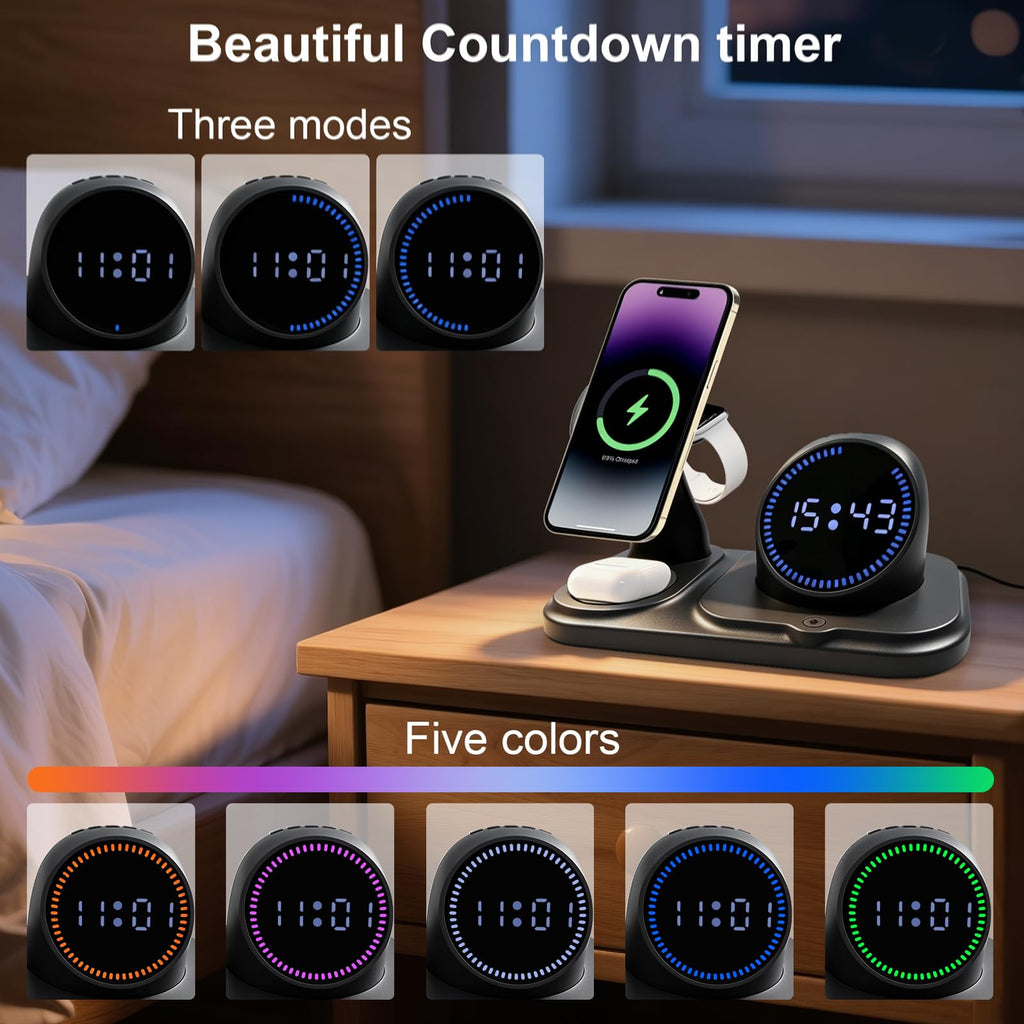 6-in-1 Wireless Charging Station with Bluetooth Speaker,Digital Clock and Ambient Lights,Fast Wireless Charger for Multiple Devices for Apple - iPhone 17 16 15 14 13 12 Pro Max Apple Watch Airpods