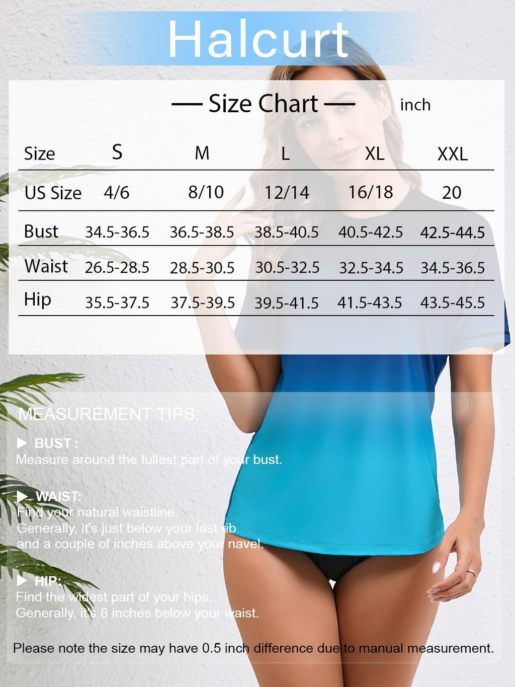 Halcurt Women's Short Sleeve Rash Guard Swimsuit Top with Built in Bra Swim Shirt UPF50+ Quick Dry Bathing Suit Ombre Blue XL