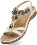 Littleplum Womens Sandals Arch Support Bohemian T-Strap Flower Rhinestone Sandals Women's Non Slip Summer Beach Flat Sandals Cream White Size 8