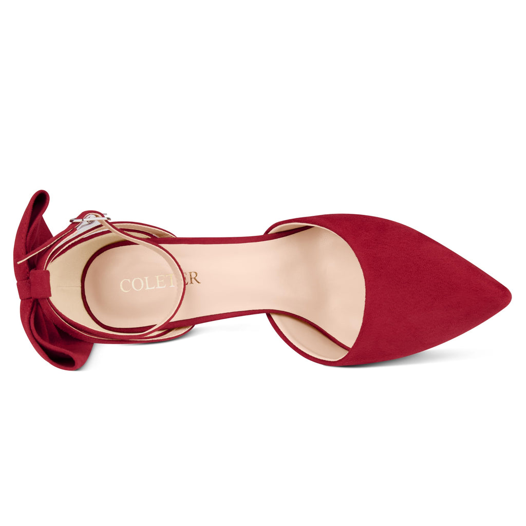 COLETER Women's Bowknot High Heels Platform D'Orsay Pumps Pointed Toe Stiletto Heels Ankle Strap Wedding Shoes Burgundy 7US