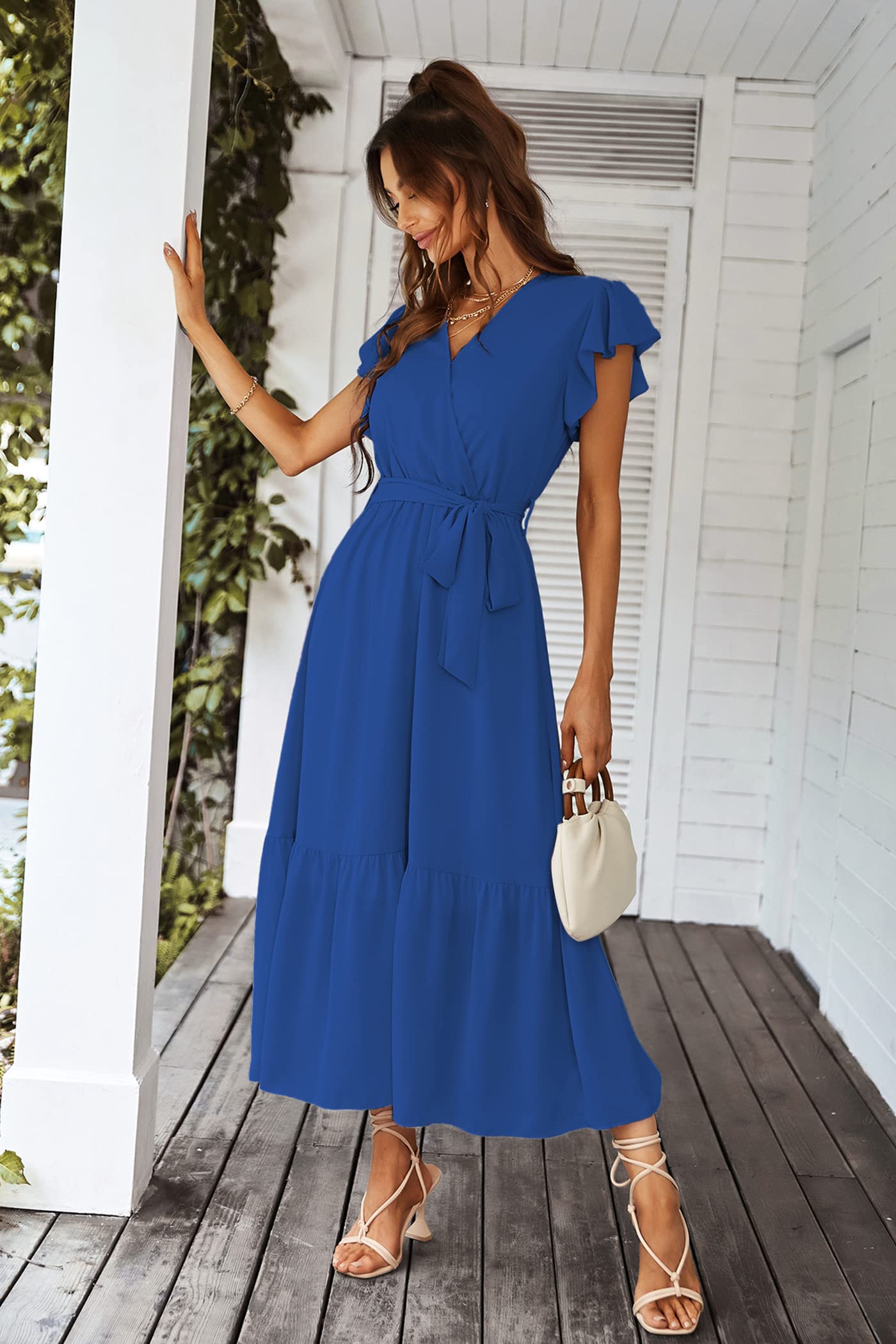 PRETTYGARDEN Women's Summer Floral Boho Dress Wrap V Neck Short Sleeve Ruffle A-Line Flowy Maxi Wedding Guest Dresses (Solid Dark Blue,Large)