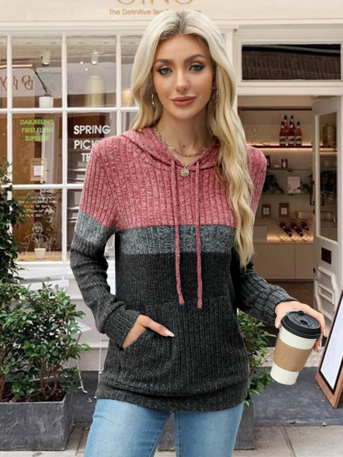 Lylinan Sweaters for Women Fall Clothes Early Fall Fashion 2025 Long Sleeve Shirts for Women Tops Boho Hoodies Winter Clothing Christmas Sweatshirts Trendy Comfiest Airport Outfits Lightred Gray XXL