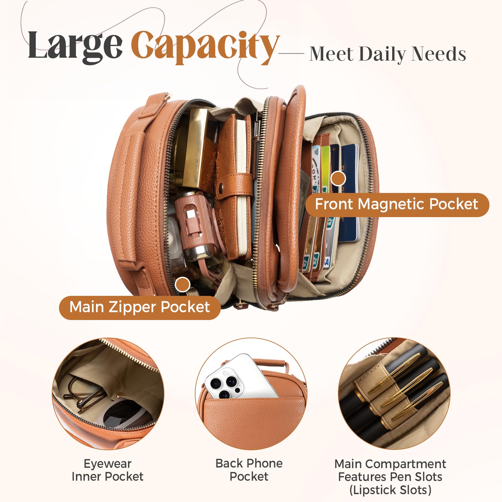 Vegan Leather Crossbody Bag for Women with 2 Straps, Small Messenger Bag with Anti Theft Zipper Pocket Vintage Shoulder Bag