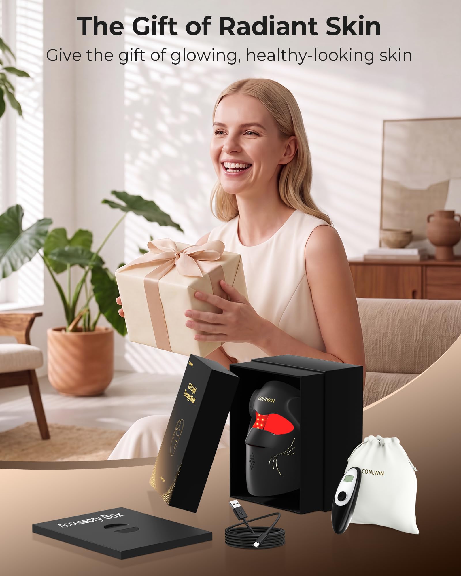 CONLWIN 4D Cordless Red Light Therapy Mask for Face, 9 Modes with 850nm NIR