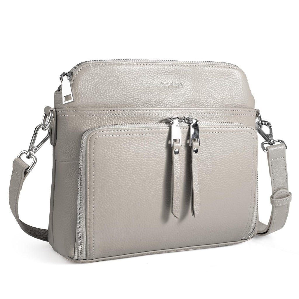 befen Real Leather Crossbody Bags for Women, Womens Small Cross Body Purses Travel Handbags with Built-in Wallet Adjustable Strap Beige Grey