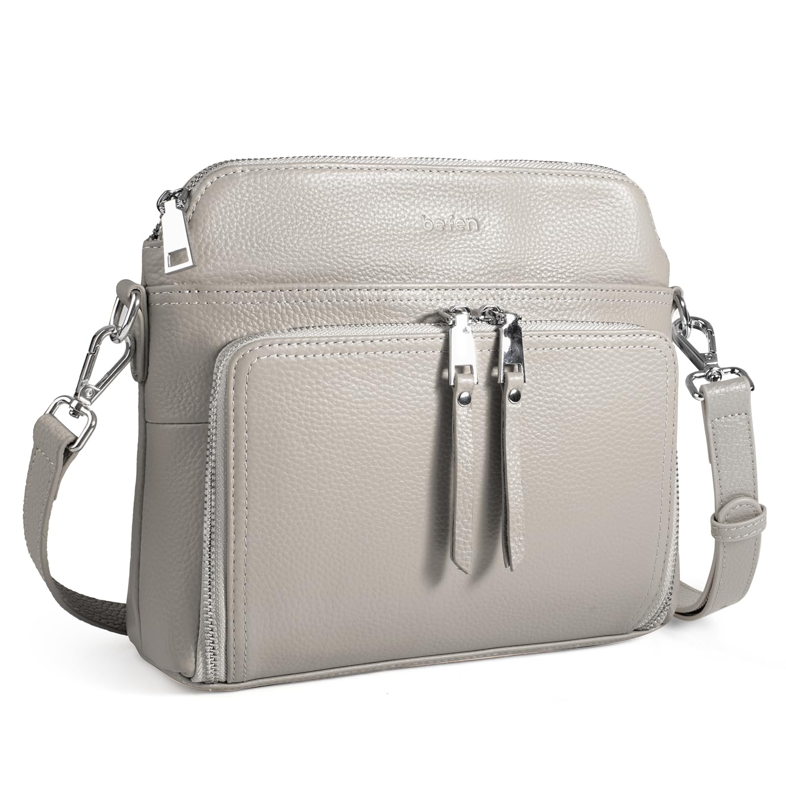 befen Real Leather Crossbody Bags for Women, Womens Small Cross Body Purses Travel Handbags with Built-in Wallet Adjustable Strap Beige Grey