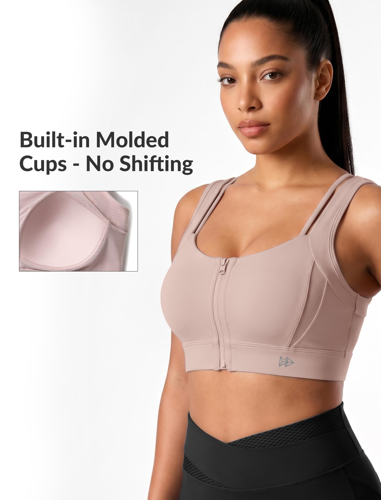 Yvette Front Zip Sports Bra for Women High Support Bow-Back,Pink,XXL D/DDD