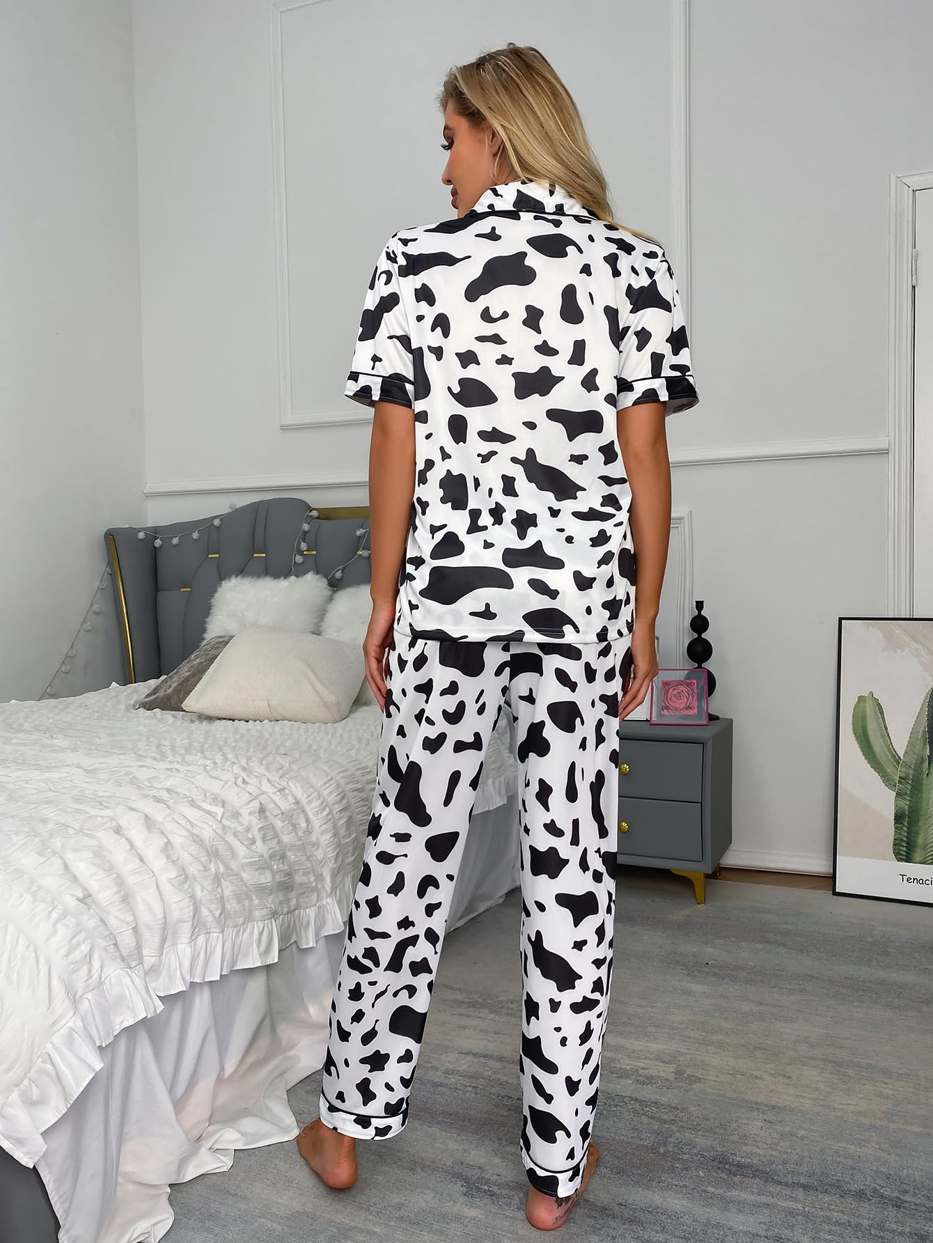 WDIRARA Women's 2 Piece Cow Print Button Down Short Sleeve Top and Pants Pj Set Cow Multicolor Medium