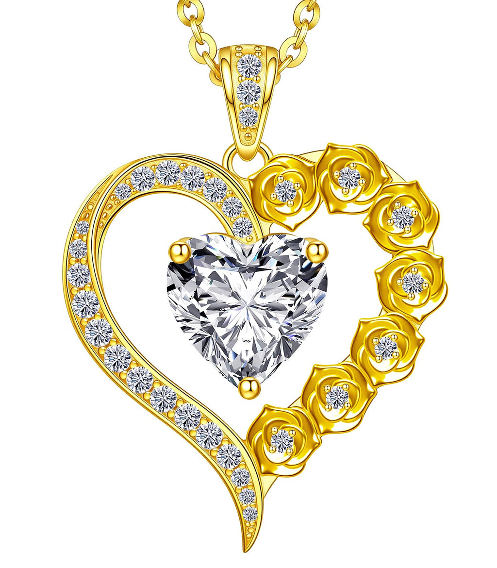 Beam & Bask 2 Carat Moissanite Rose Flower Heart Necklace for Her, Sterling Silver Plated with 18K Gold, Birthday, Wedding, Anniversary Pendant Jewelry for Girlfriend, Wife, Bride, Soulmate