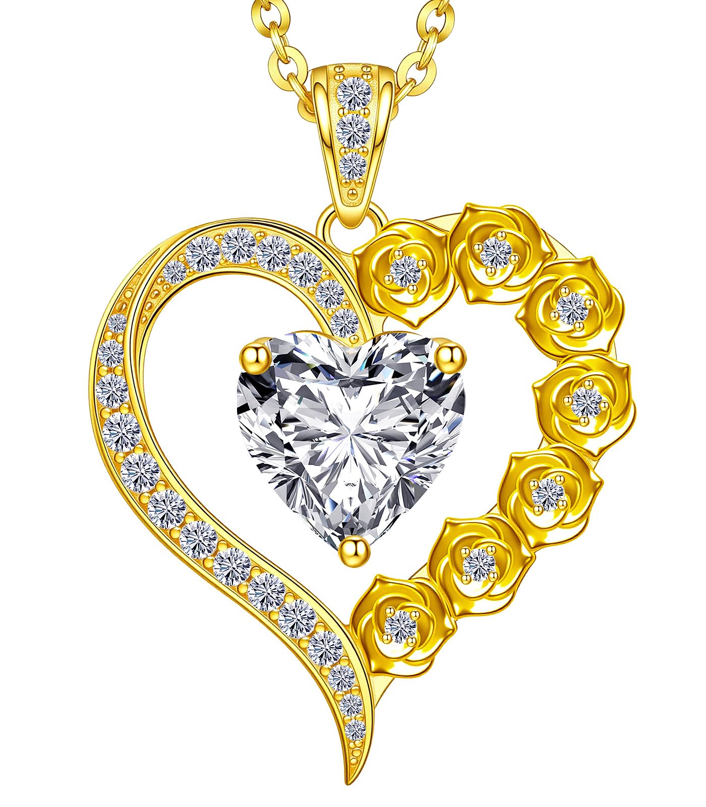 Beam & Bask 2 Carat Moissanite Rose Flower Heart Necklace for Her, Sterling Silver Plated with 18K Gold, Birthday, Wedding, Anniversary Pendant Jewelry for Girlfriend, Wife, Bride, Soulmate