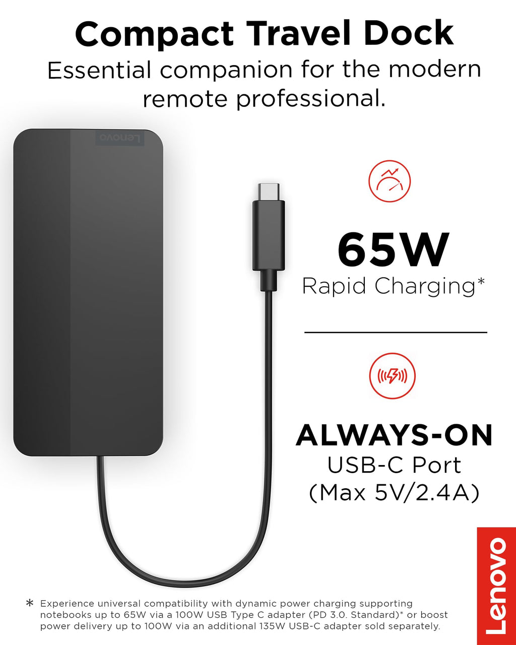 Lenovo USB-C Dual Display Travel Dock w/ 100W Power Adapter - 7 Ports, Integrated USB-C Cable, Universal Compatibility, Dual Displays at 4K - Black