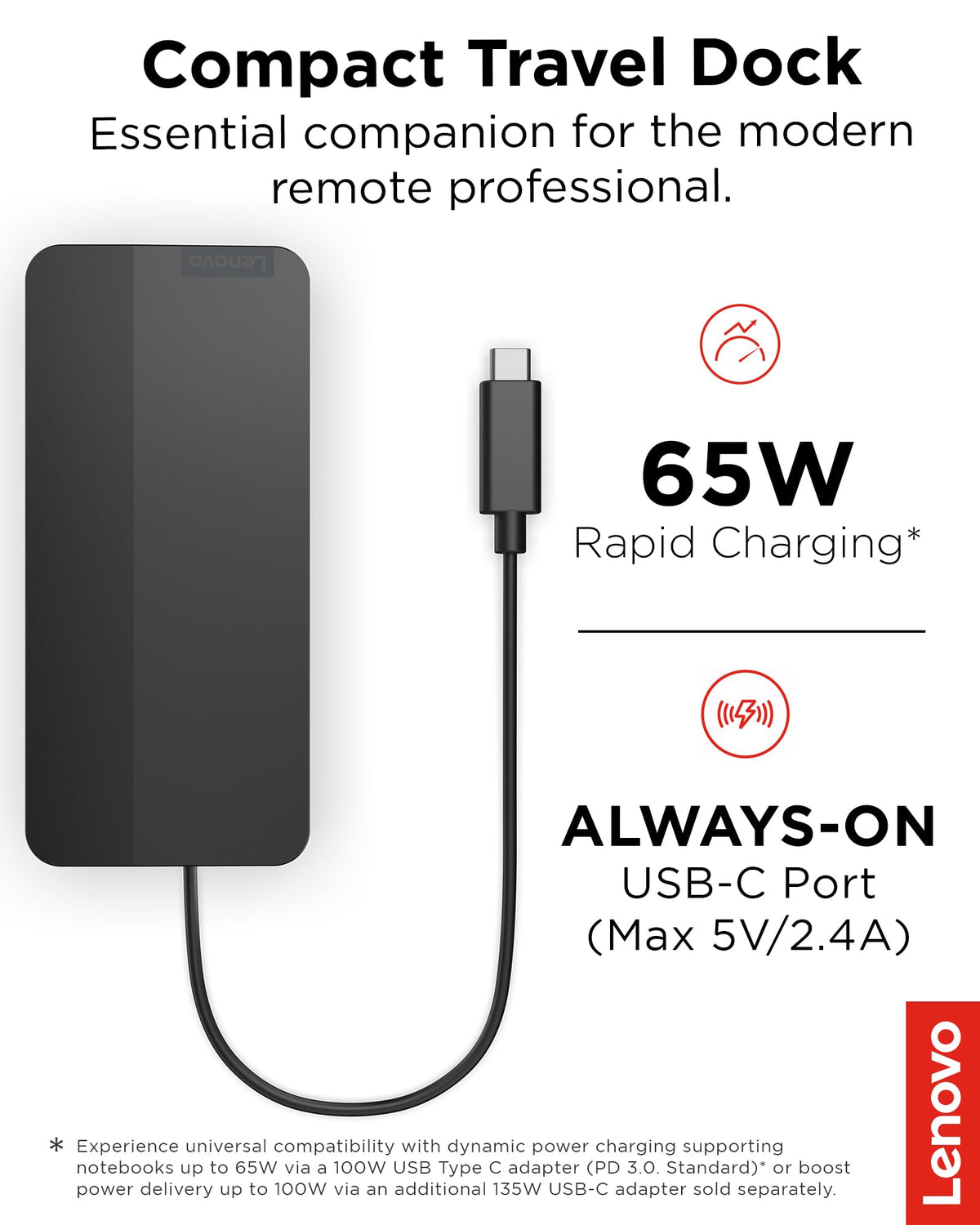 Lenovo USB-C Dual Display Travel Dock w/ 100W Power Adapter - 7 Ports, Integrated USB-C Cable, Universal Compatibility, Dual Displays at 4K - Black