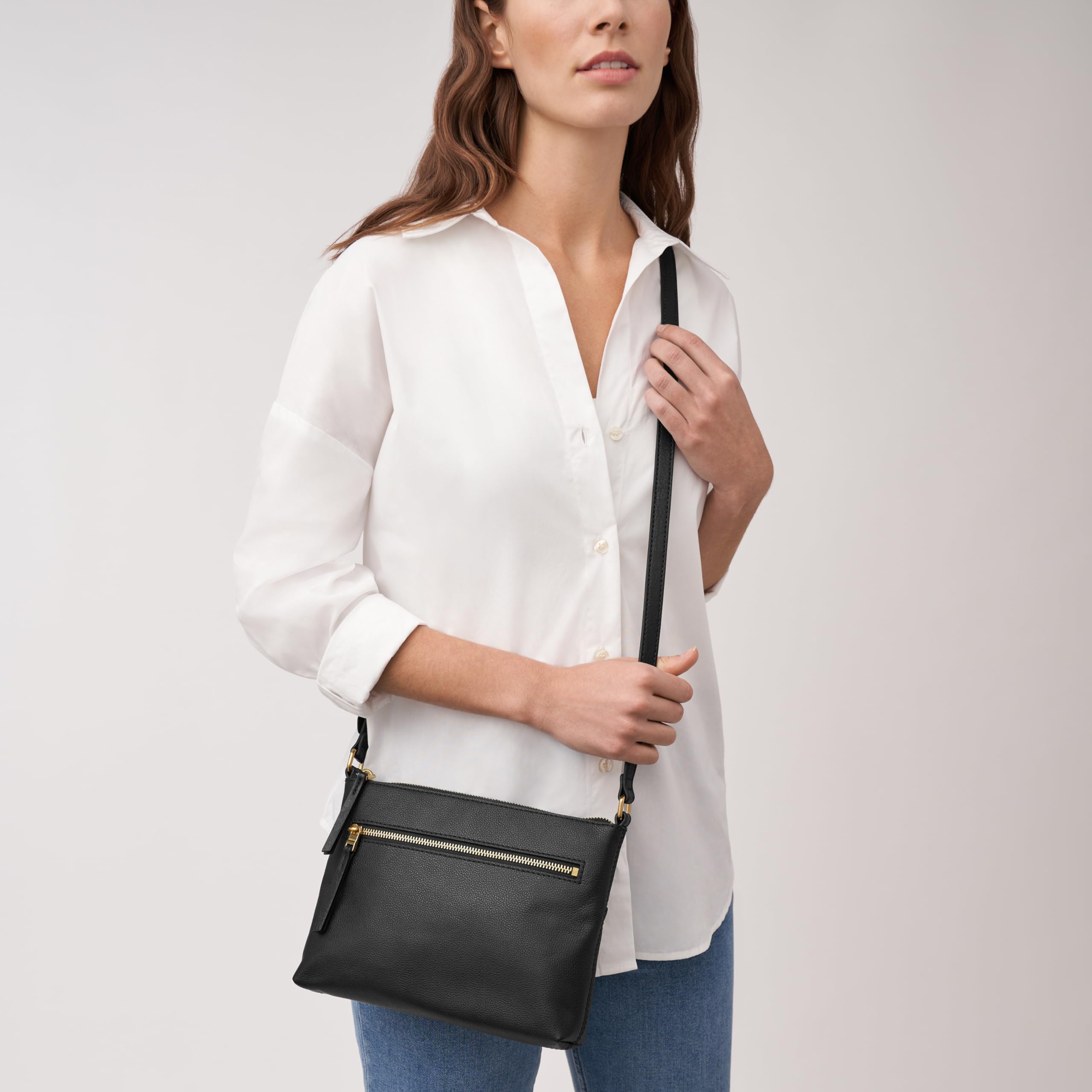Fossil Women's Fiona Leather Large Crossbody Purse Handbag, Black (Model: ZB7267001)