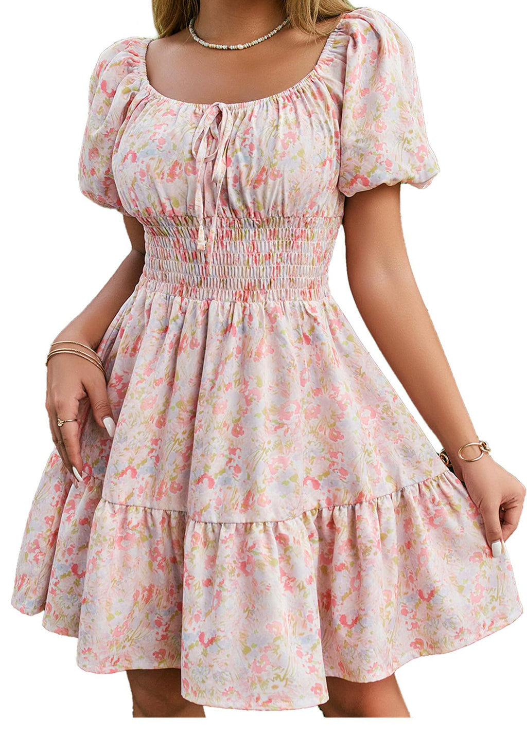 Floerns Women's Boho Square Neck Puff Short Sleeve Self Tie Front A Line Dress Floral Pink Large