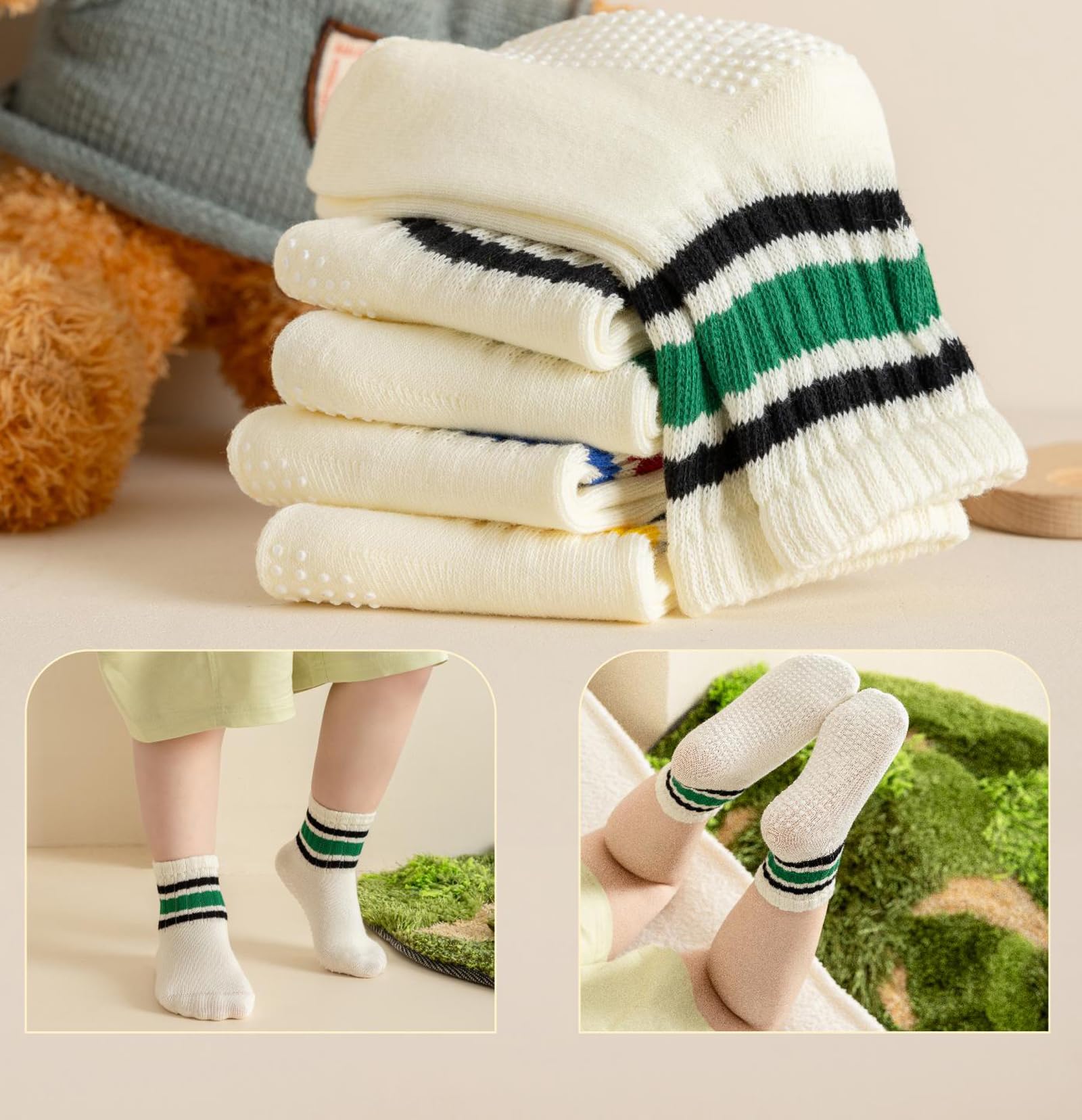 Wamvp Toddler Grip Socks with Non-Slip, Unisex Baby Retro Stripe Seamless Crew Ankle Cotton Socks for Girls Boys 6 Pairs,Colorful-1 1-3T