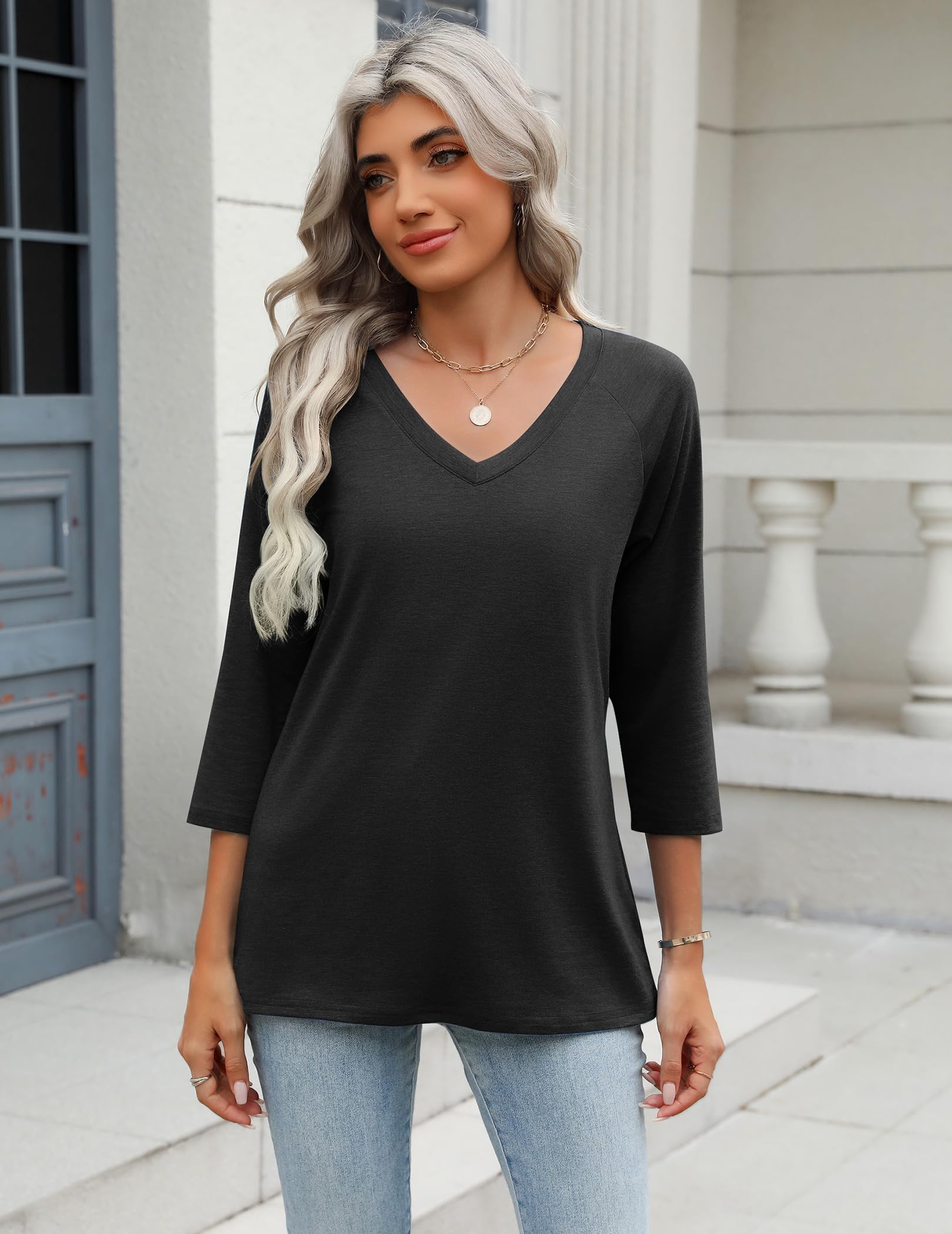 Zeagoo V Neck T Shirts for Women 3/4 Sleeve Tunic Black Office Blouses Dressy Tunic Tops XXL
