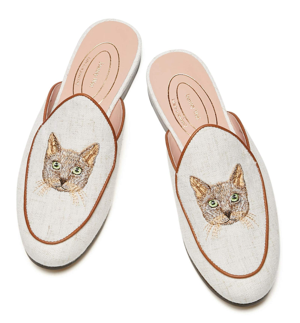 Journey West Women's Mules Flats with Embroidery Belgian Loafers Slip on Slippers for Women Cat White US 9.5
