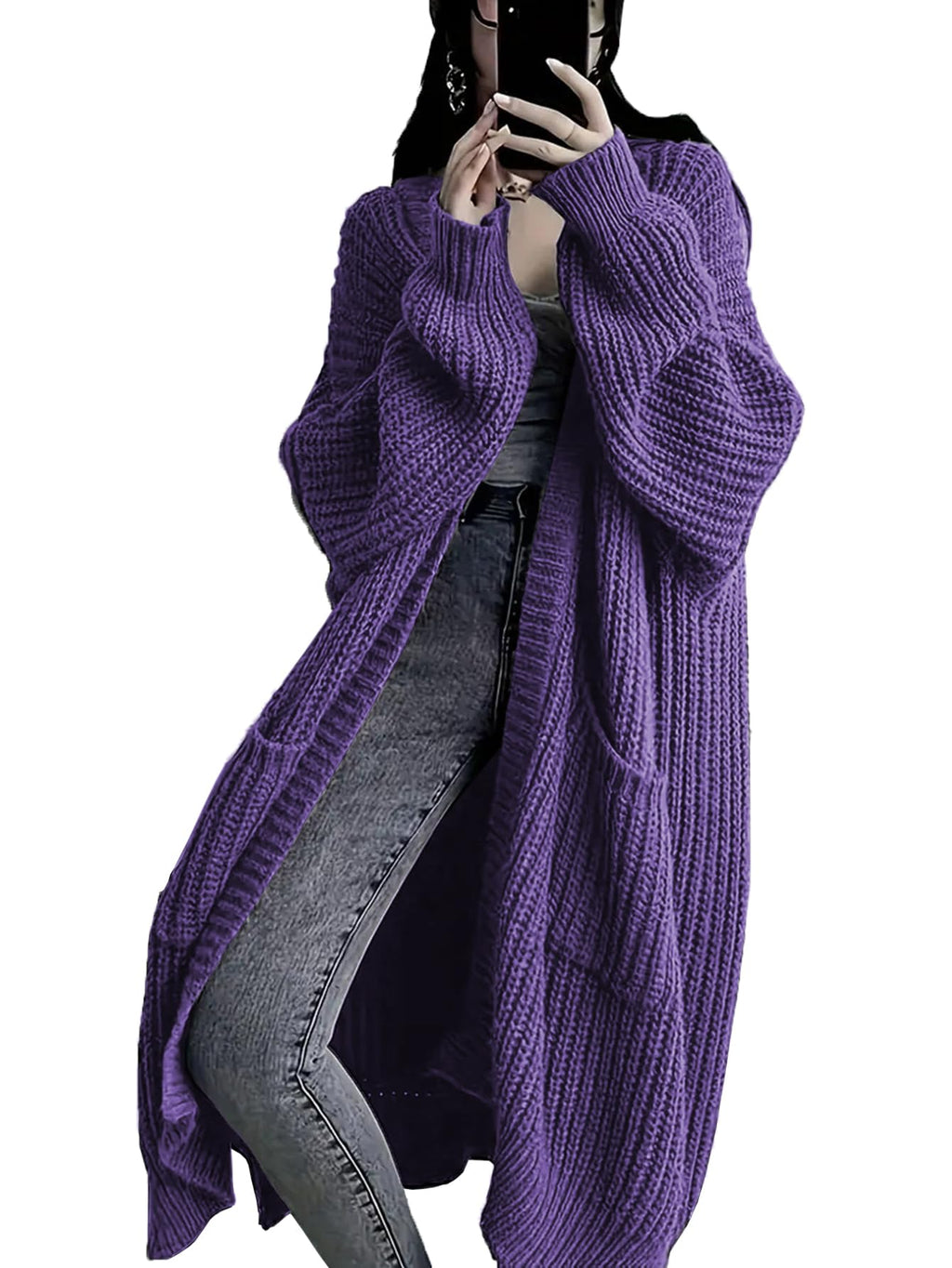 Womens Long Sleeve Cardigan Sweaters Open Front Knit Long Cardigans Duster with Pockets 2024 Fall Winter Oversized Coat (US, Alpha, Small, Regular, Regular, Purple)