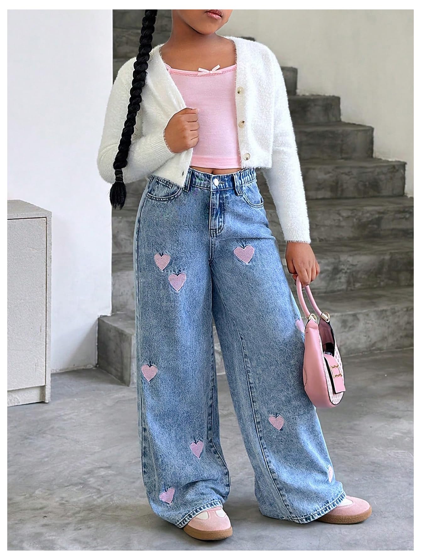 WDIRARA Girl's Heart Embroidered Y2k Denim Pants Elastic High Waist Wide Leg Jeans with Pockets Light Blue 8Y