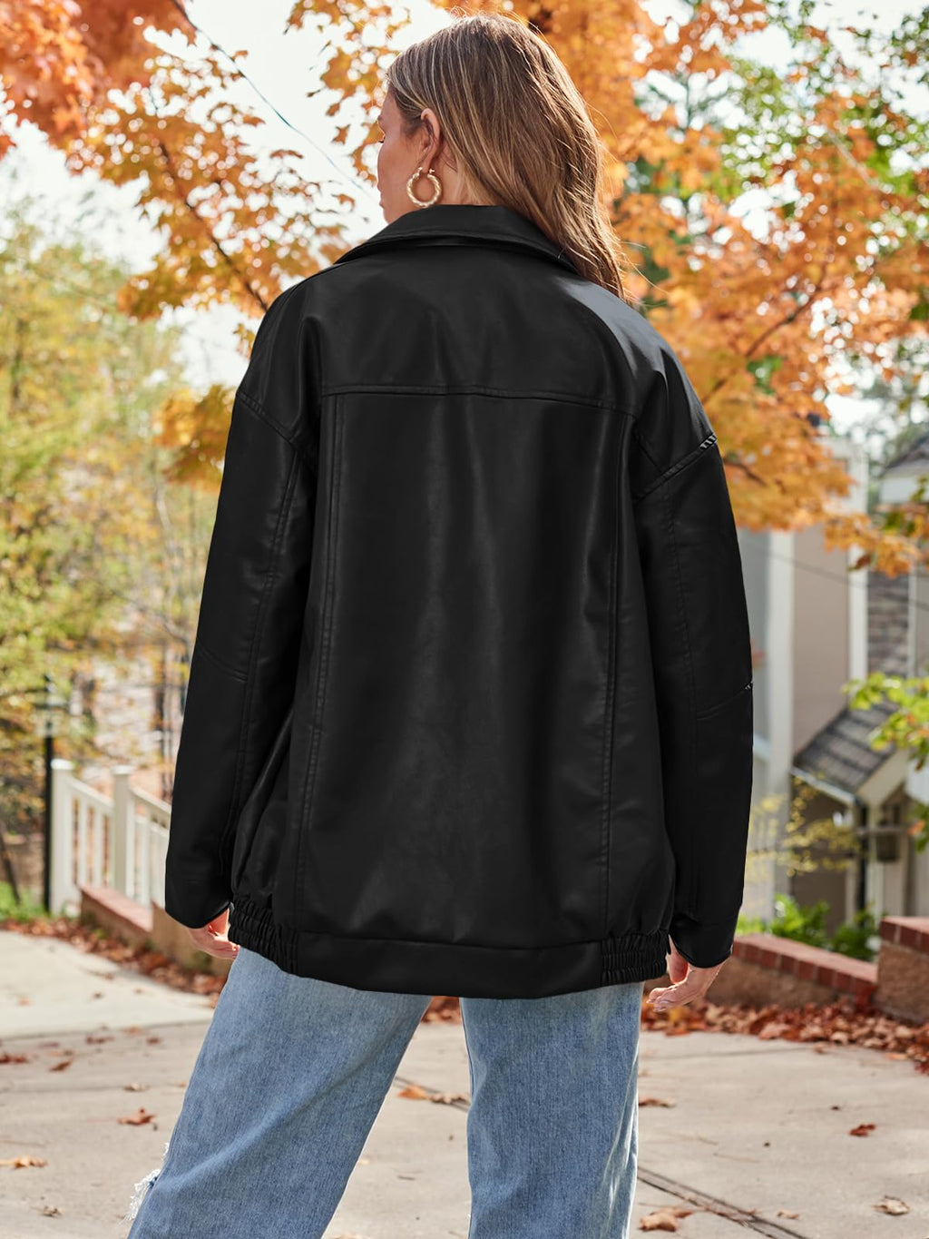 AUTOMET Women's Oversized Faux Leather Jacket - Fall Motorcycle Style Coat with Zipper Closure Black M