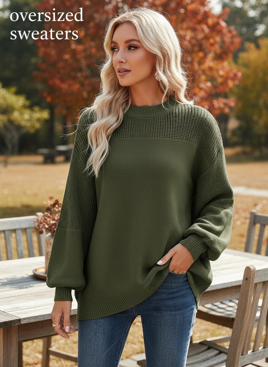 Dokotoo Fall Sweaters for Women 2025 Fashion Long Sleeve Round Neck Knit Pullover Tops Casual Loose Oversized Solid Color Sweater Outfits Christmas Winter Clothes Green Small