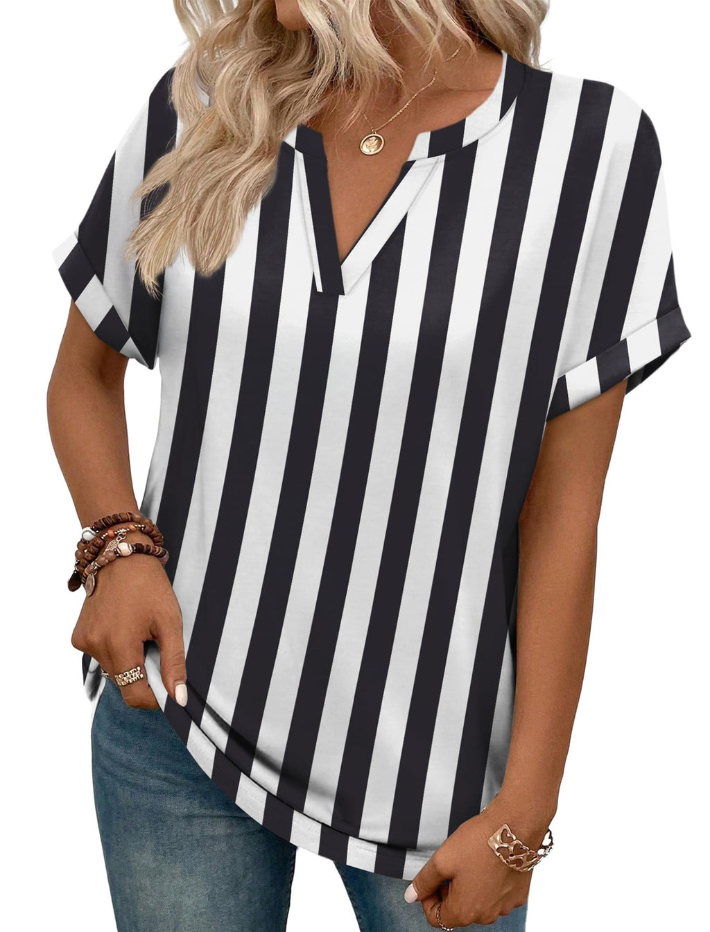 WIHOLL Womens Blouses Spring Tops Short Sleeve Shirts Dressy Casual Summer Vacation Fashion Clothing 2026 Black White Stripe S