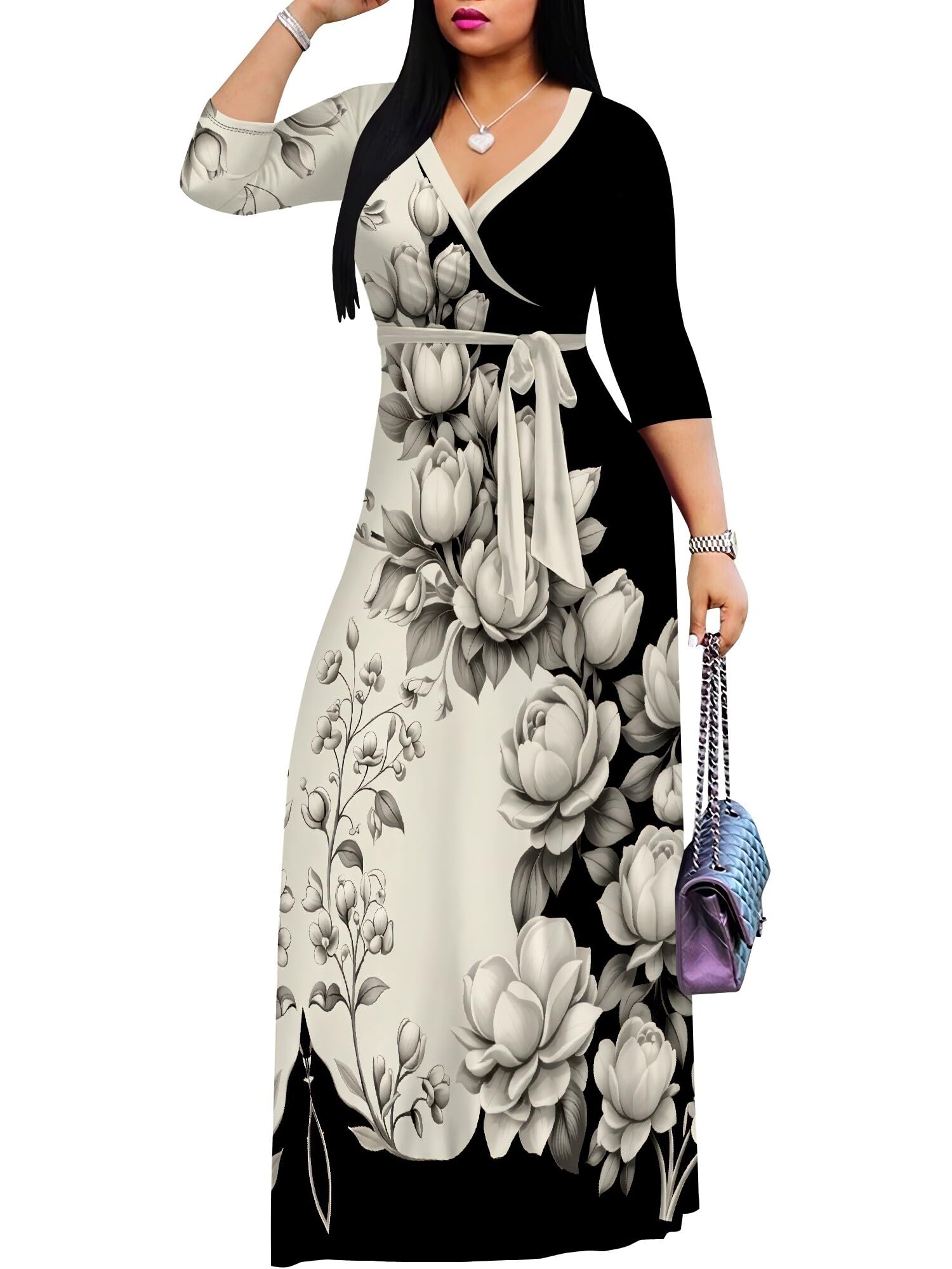 PinkPatty Plus Size Maxi Dress for Women 3/4 Sleeve V Neck Long Dress Casual Party Sundress with Belt (A-Floral Colorblock-Black/Beige 2XL)