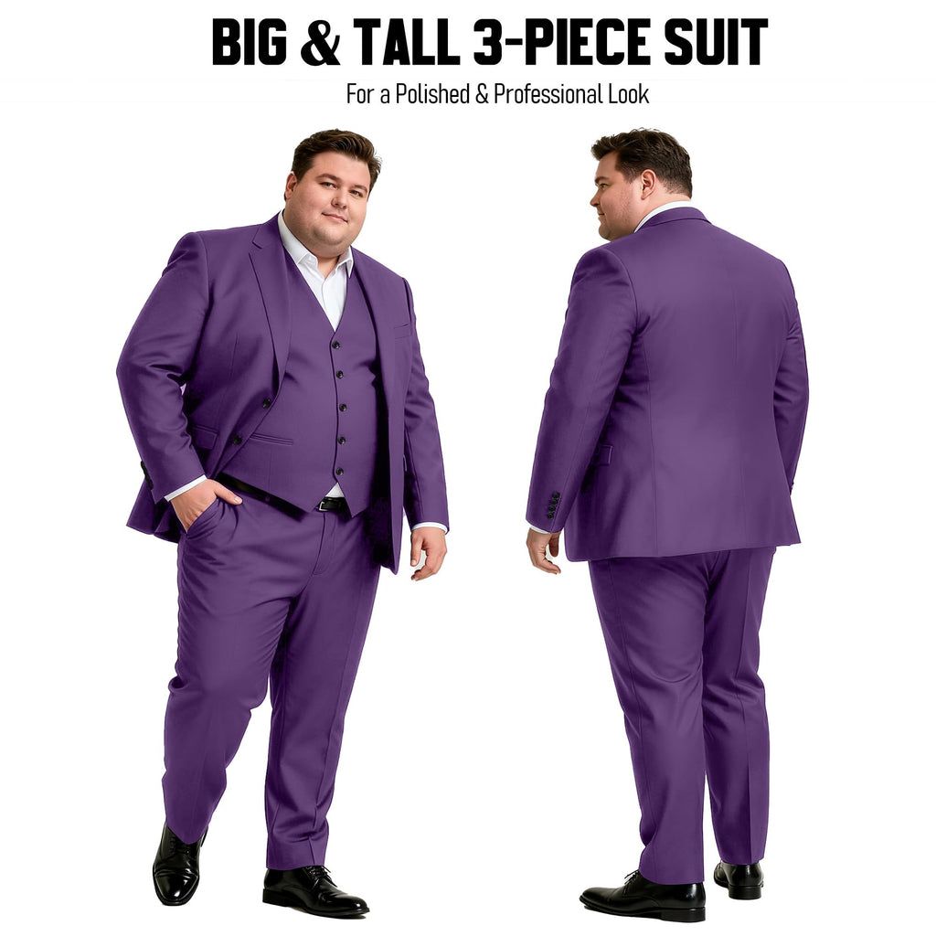 GATMSTZ 3 Piece Suits for Men Big and Tall Regular Fit Blazer Men Tuxedo Suit Set Classic Fit Jacket Vest Pants (Purple 60R)
