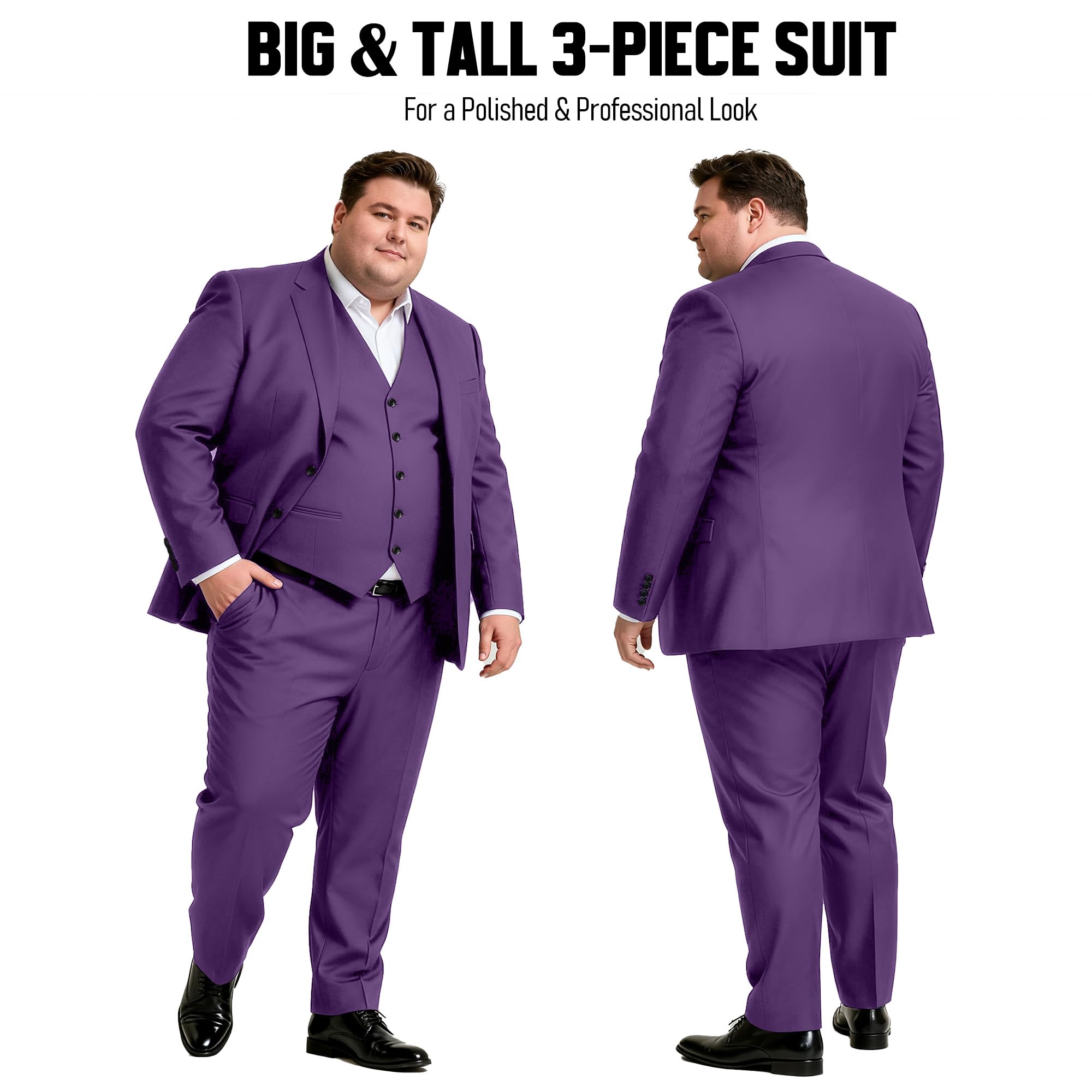 GATMSTZ 3 Piece Suits for Men Big and Tall Regular Fit Blazer Men Tuxedo Suit Set Classic Fit Jacket Vest Pants (Purple 60R)