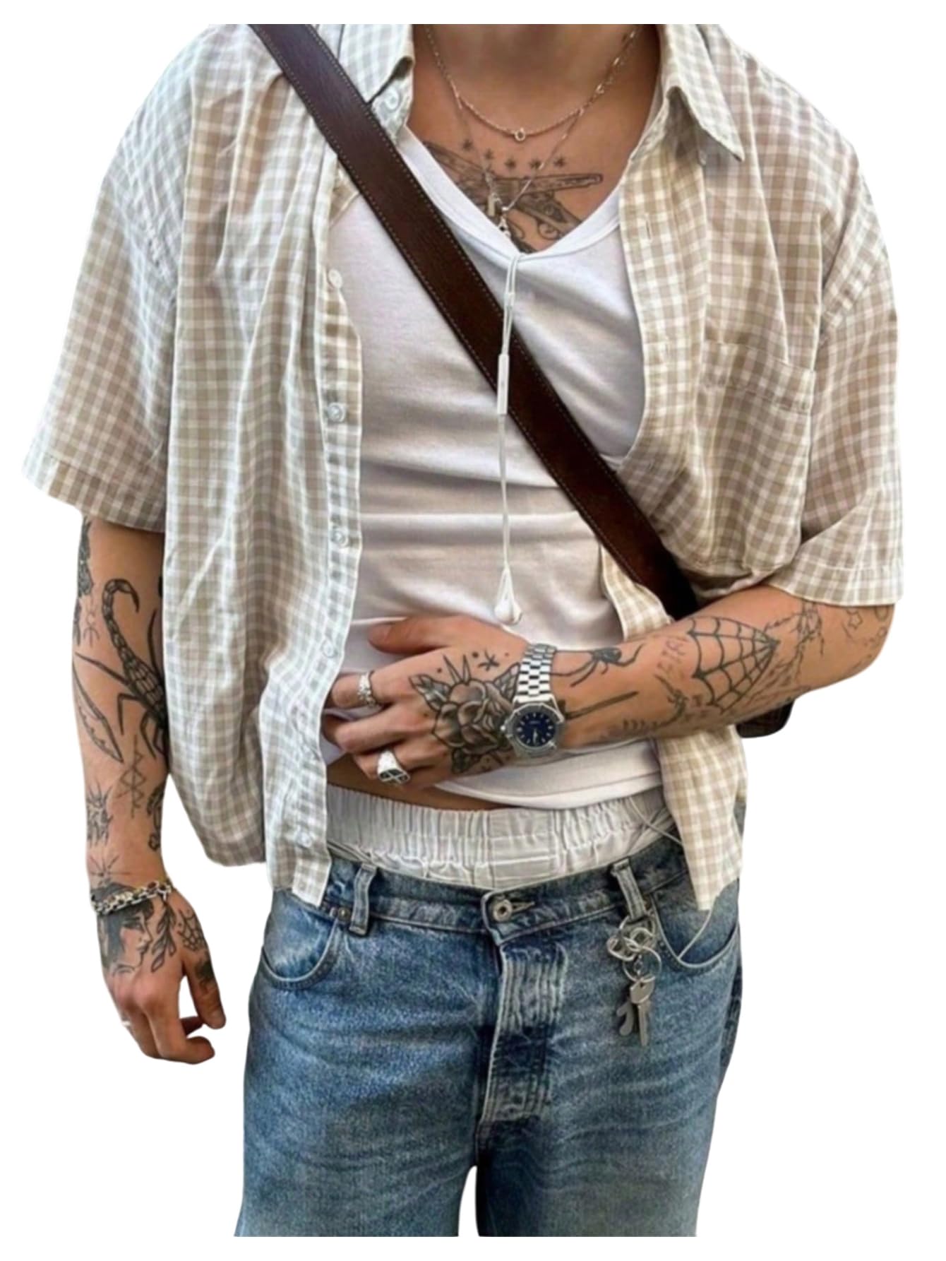 GORGLITTER Men's Cropped Button Down Shirt Plaid Y2k Short Sleeve Pocket Patched Gingham Collar Tops Streetwear White and Brown Small