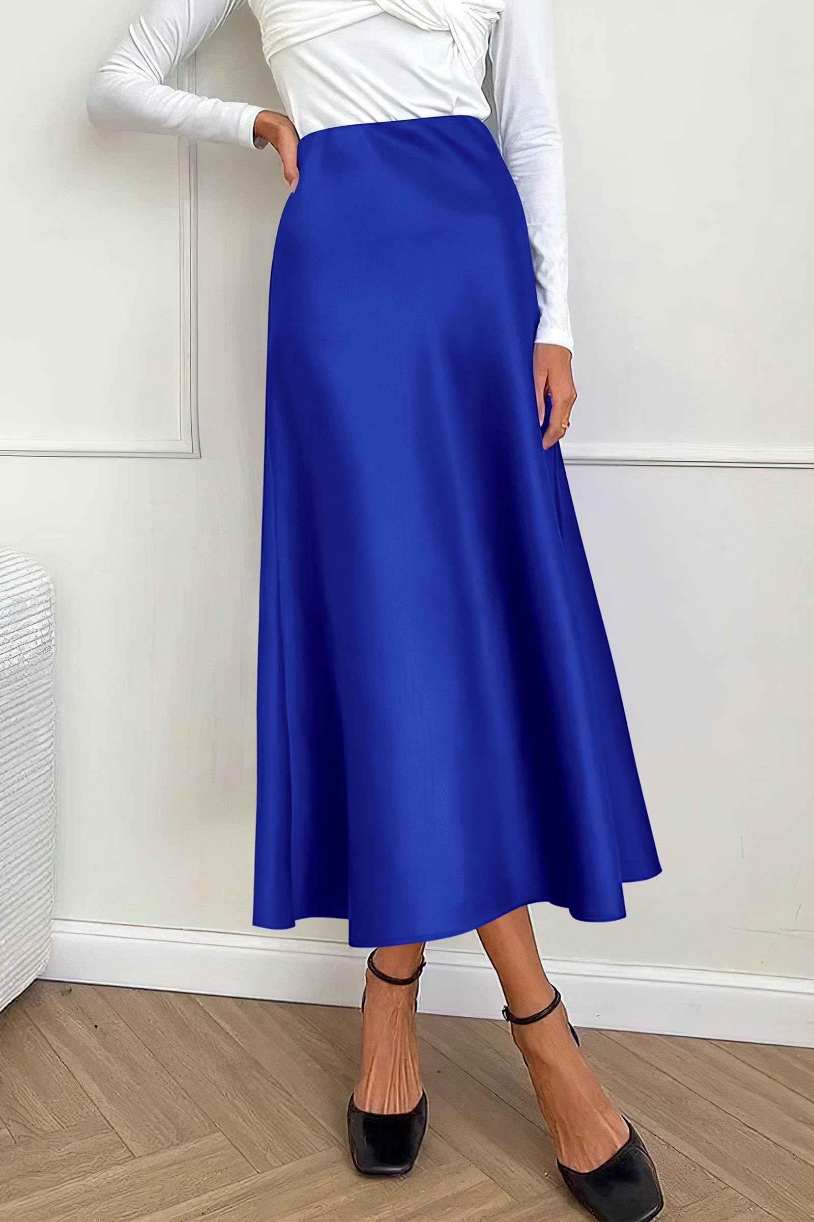 PRETTYGARDEN Women's Satin Skirts Dressy Casual 2025 Fall High Waisted Cocktail Wedding Flowy Elegant A Line Midi Skirt (Royal Blue,X-Large)