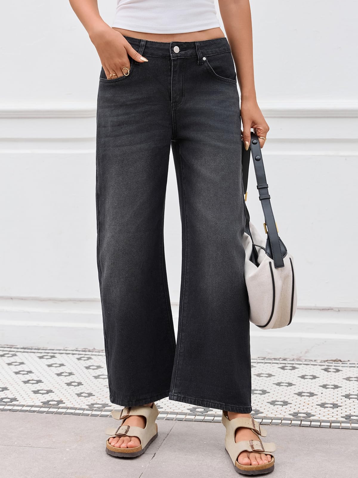 PEIHOT Mid Rised Barrel Jeans for Women Trendy Boyfriend Stretch Wide Leg Cropped Denim Pants with Pockets Black