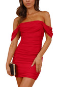 PRETTYGARDEN Cocktail Dresses 2025 Summer Off Shoulder Sexy Bodycon Ruched Mesh Graduation Wedding Guest Mini Short Dress (Red,Small)