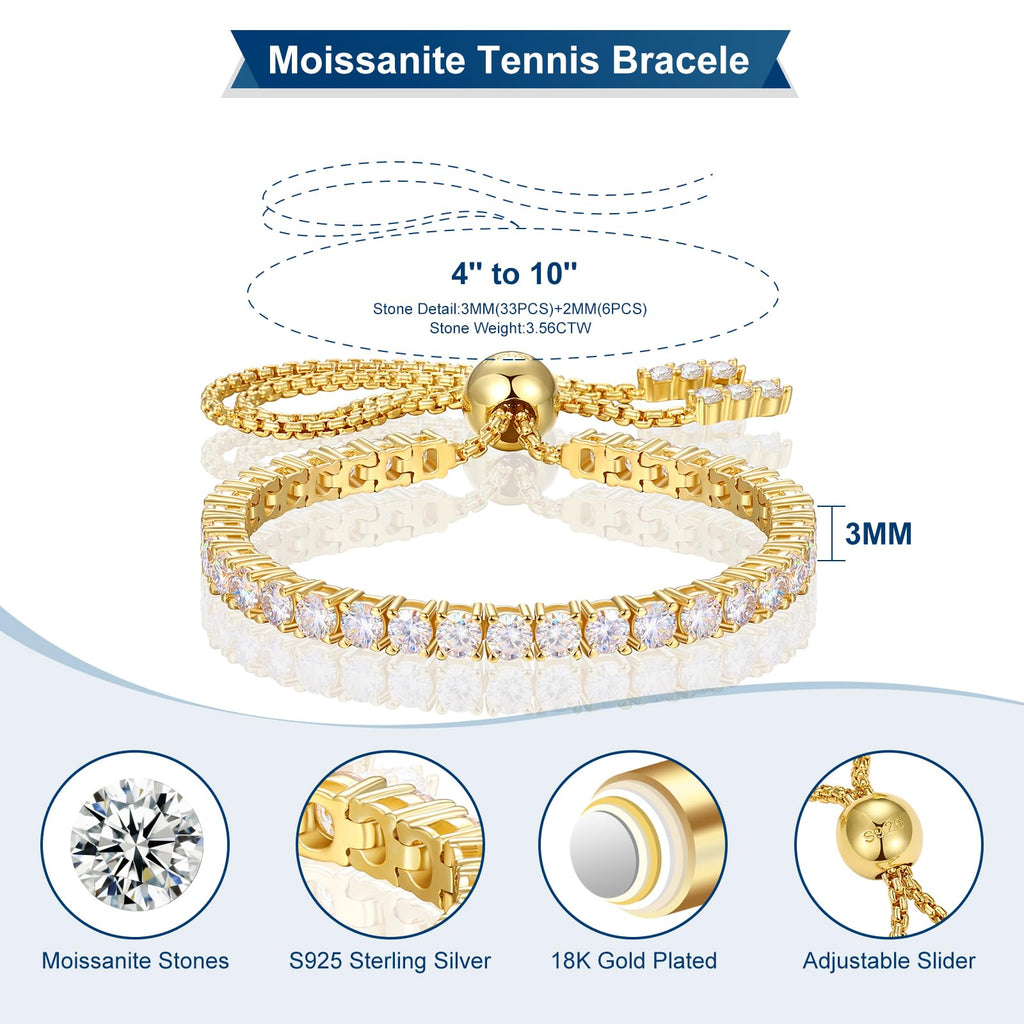 Moissanite Tennis Bracelet, 8.69 Carats Adjustable Bracelet for Women 18K Yellow Gold Plated S925 Sterling Silver Tennis Bracelet D Color VVS1 Round Cut 4MM Moissanite Bracelet Non Tarnish Bracelets