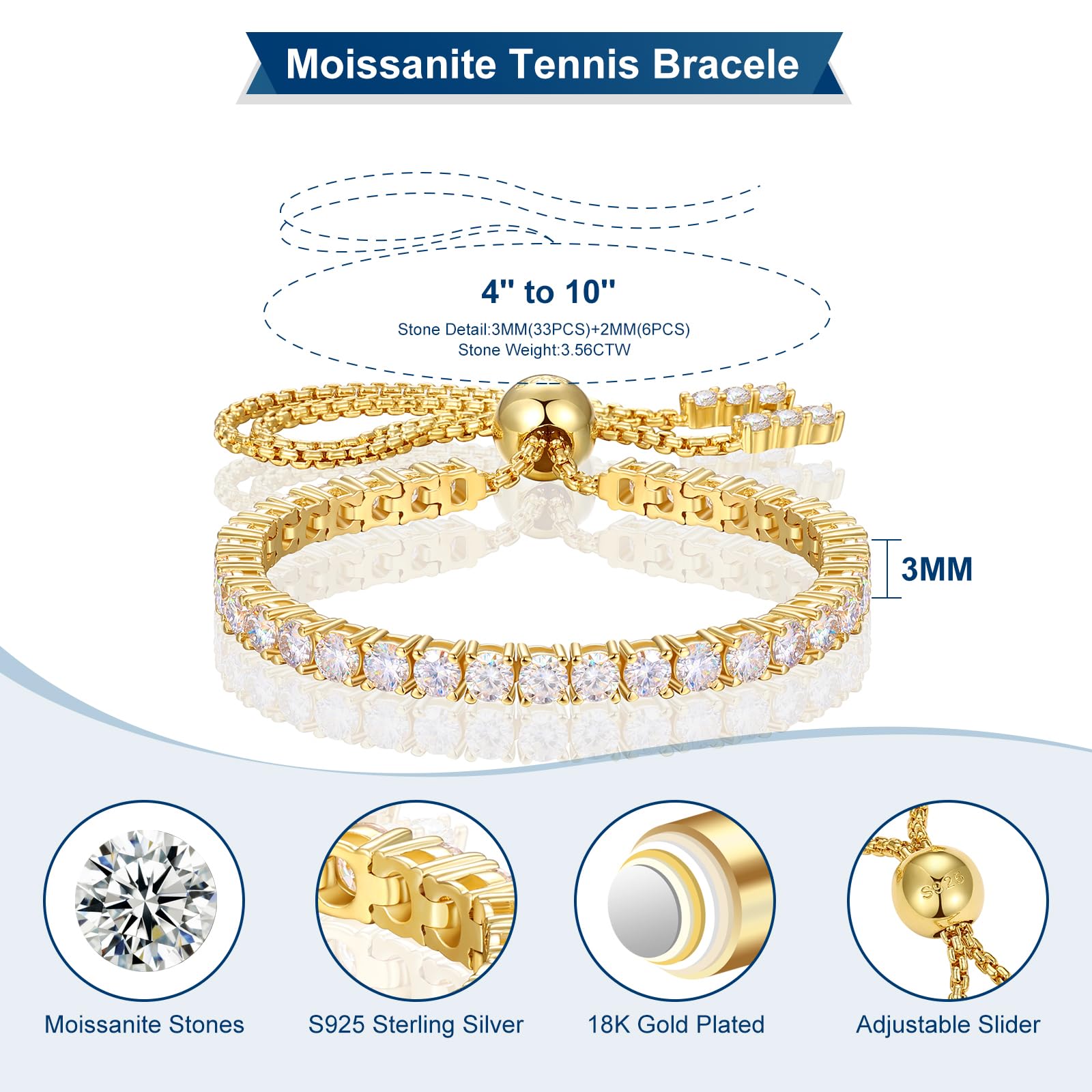 Moissanite Tennis Bracelet, 8.69 Carats Adjustable Bracelet for Women 18K Yellow Gold Plated S925 Sterling Silver Tennis Bracelet D Color VVS1 Round Cut 4MM Moissanite Bracelet Non Tarnish Bracelets