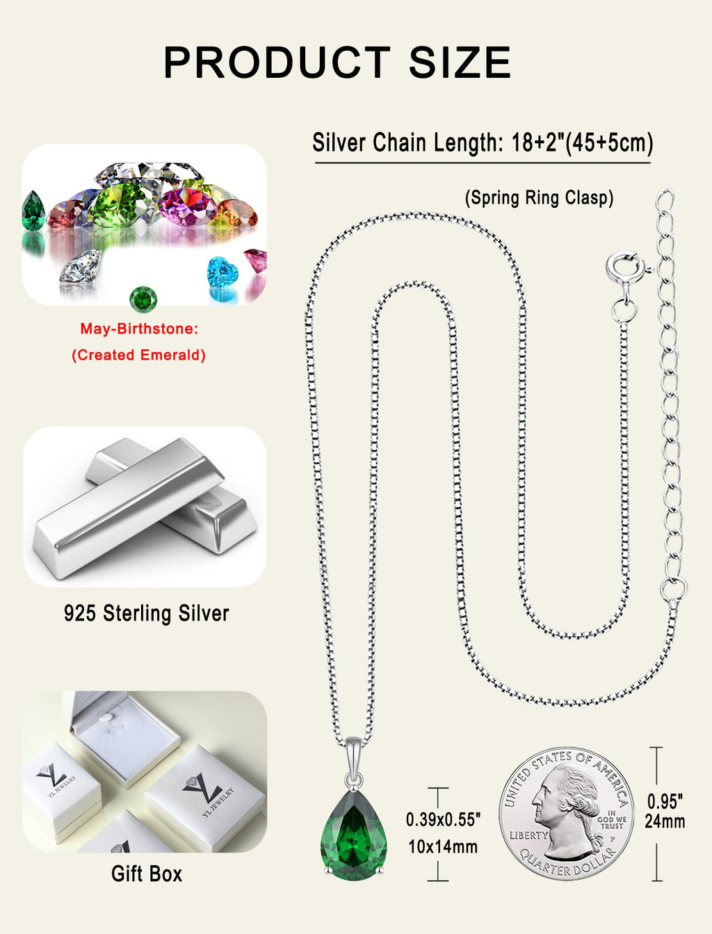 YL Teardrop Necklace 925 Sterling Silver Solitaire Pendant 10x14 MM Pear Cut Created Emerald Filigree Jewelry for Women