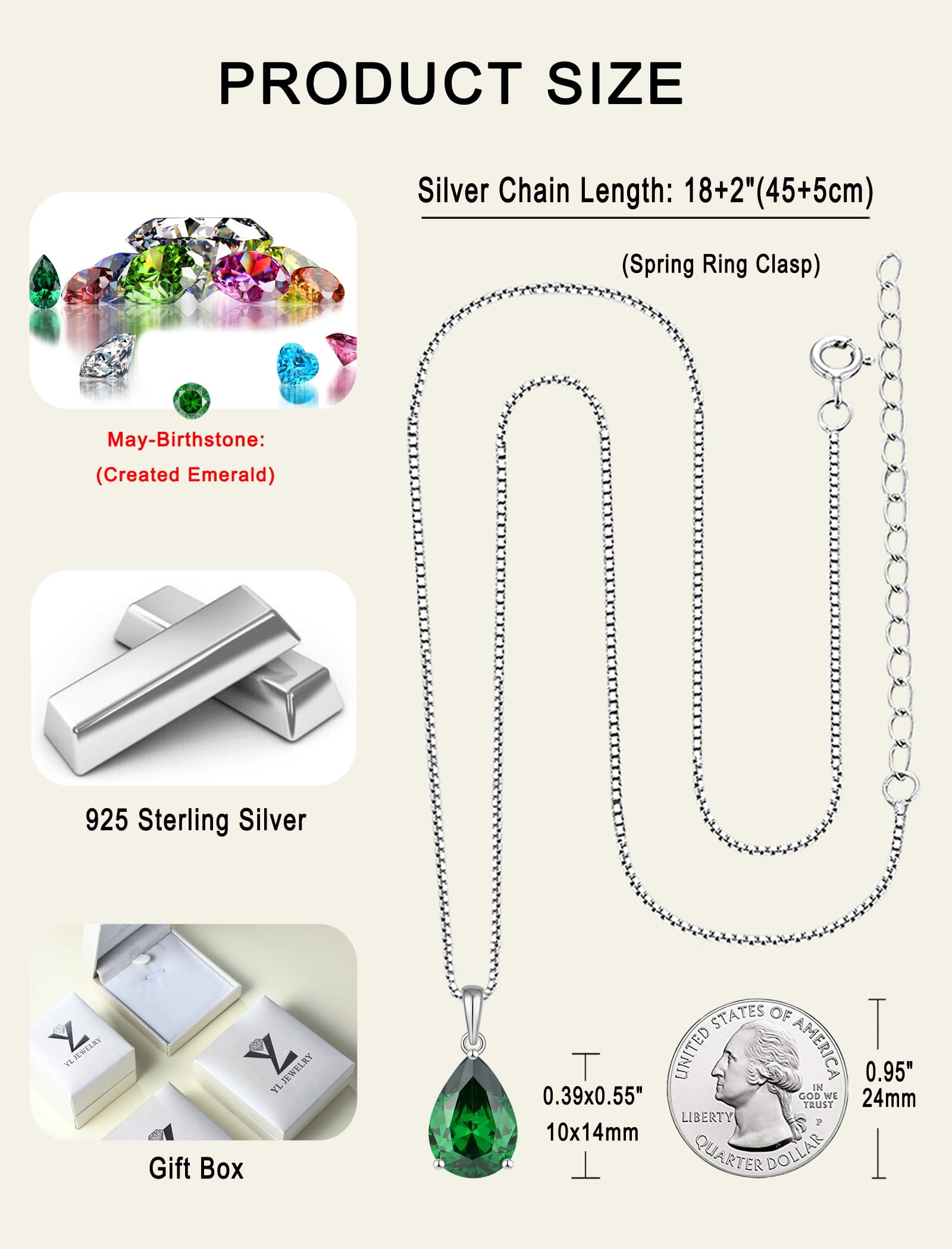 YL Teardrop Necklace 925 Sterling Silver Solitaire Pendant 10x14 MM Pear Cut Created Emerald Filigree Jewelry for Women