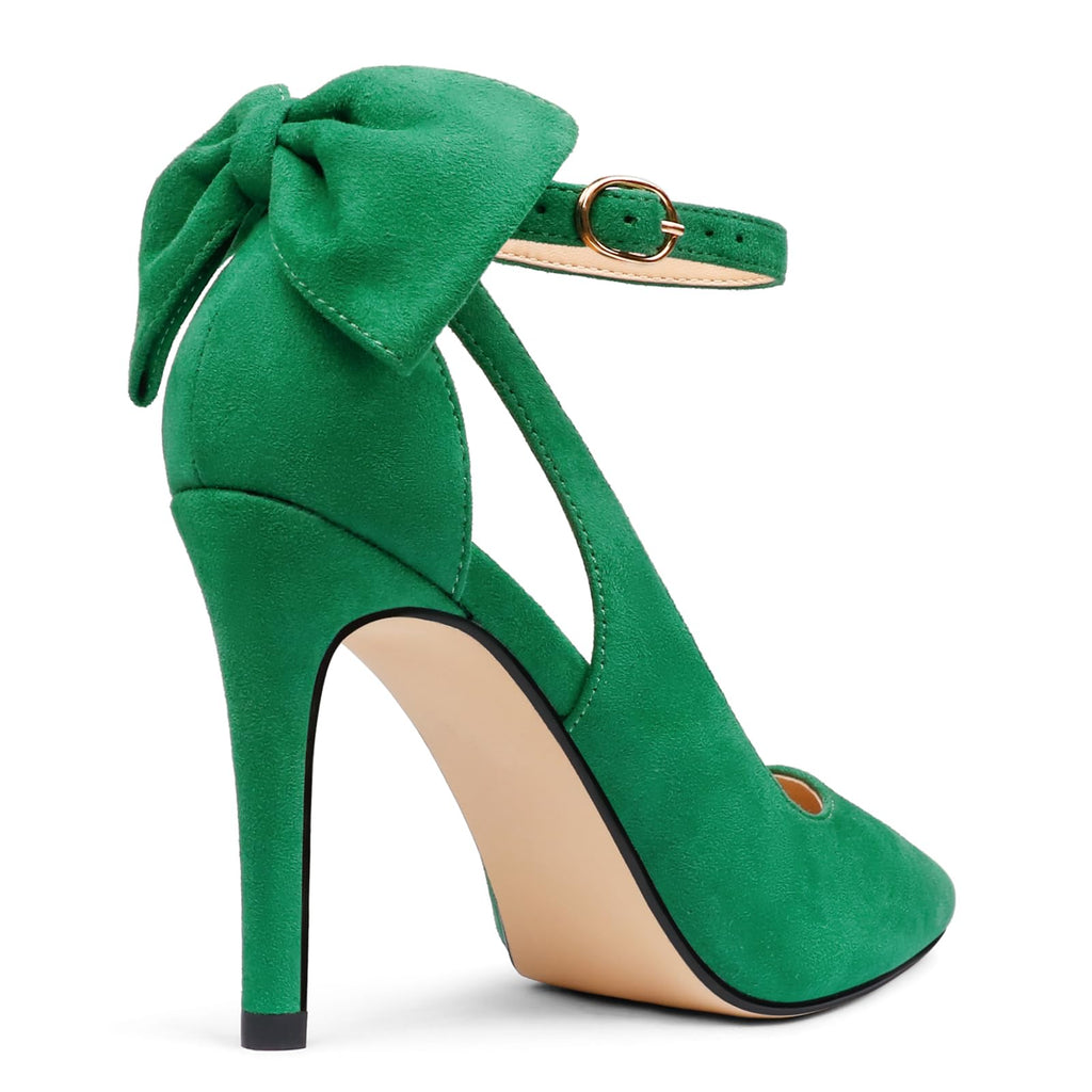 COLETER Womens Bow Knot High Heels Pointed Toe Stiletto Ankle Strap D'Orsay Pumps Bow Evening Dress Shoes Suede Green 8.5US